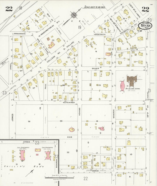 Sanborn Fire Insurance Map from Bryan, Brazos County, Texas (1925), Sheet #0022 - Historic Sanborn Fire Insurance Map Print, vintage old map wall art, antique decor, genealogy gift, Texas Texas map