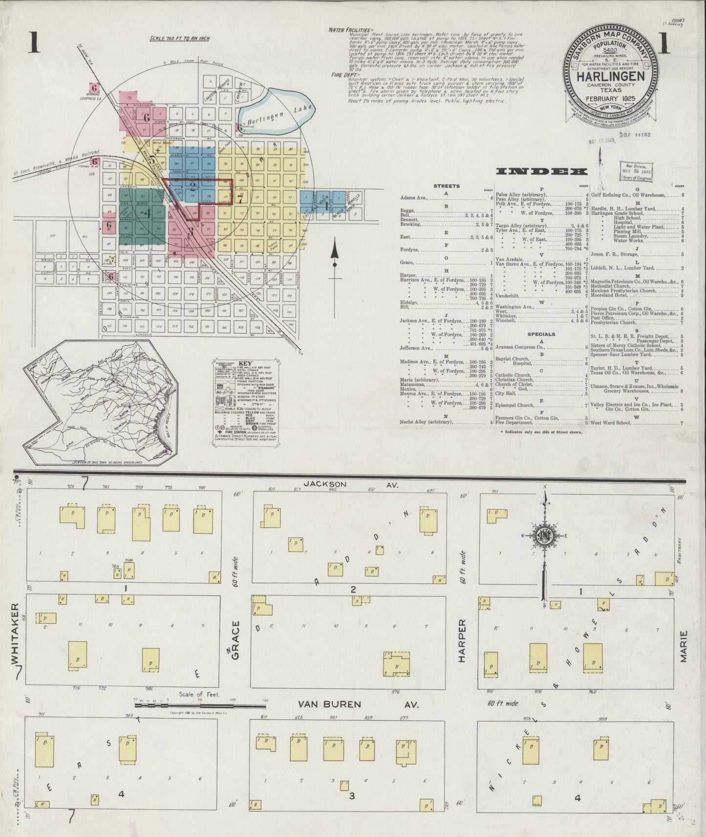 Sanborn Fire Insurance Map from Harlingen, Cameron County, Texas (1925), Sheet #0001 - Historic Sanborn Fire Insurance Map Print, vintage old map wall art, antique decor, genealogy gift, Texas Texas map