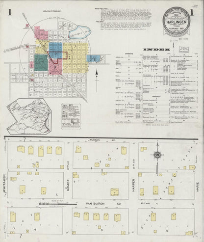 Sanborn Fire Insurance Map from Harlingen, Cameron County, Texas (1925), Sheet #0001 - Historic Sanborn Fire Insurance Map Print, vintage old map wall art, antique decor, genealogy gift, Texas Texas map