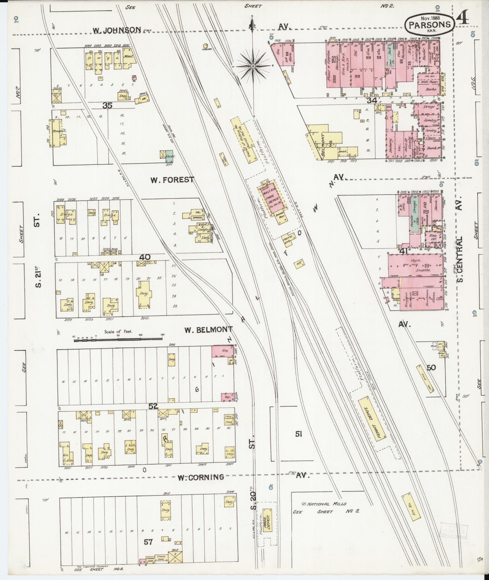 Sanborn Fire Insurance Map from Parsons, Labette County, Kansas (1888), Sheet #0004 - Complete Map Set gallery image, historic Sanborn map, vintage wall art, Kansas Kansas