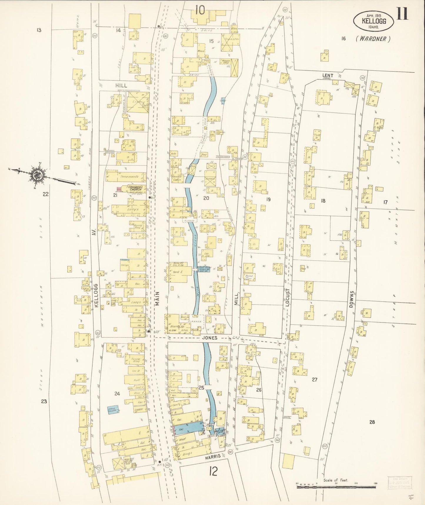 Sanborn Fire Insurance Map from Kellogg, Shoshone County, Idaho (1915), Sheet #0011 - Historic Sanborn Fire Insurance Map Print, vintage old map wall art, antique decor, genealogy gift, Idaho Idaho map