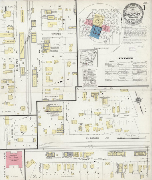 Sanborn Fire Insurance Map from Smackover, Union County, Arkansas (1925), Sheet #0001 - Complete Map Set gallery image, historic Sanborn map, vintage wall art, Arkansas Arkansas