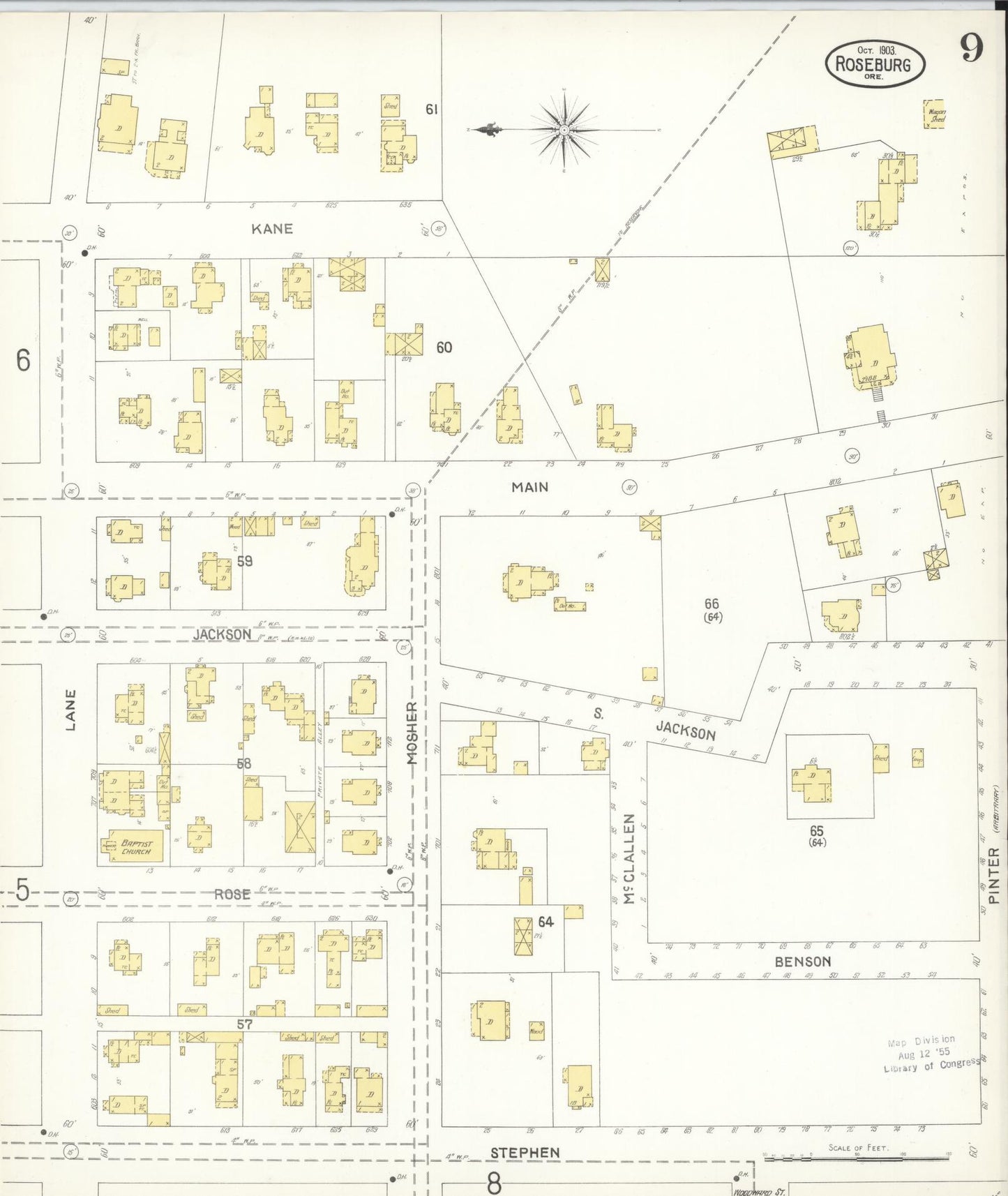 Sanborn Fire Insurance Map from Roseburg, Douglas County, Oregon (1903), Sheet #0009 - Historic Sanborn Fire Insurance Map Print, vintage old map wall art, antique decor, genealogy gift, Oregon Oregon map