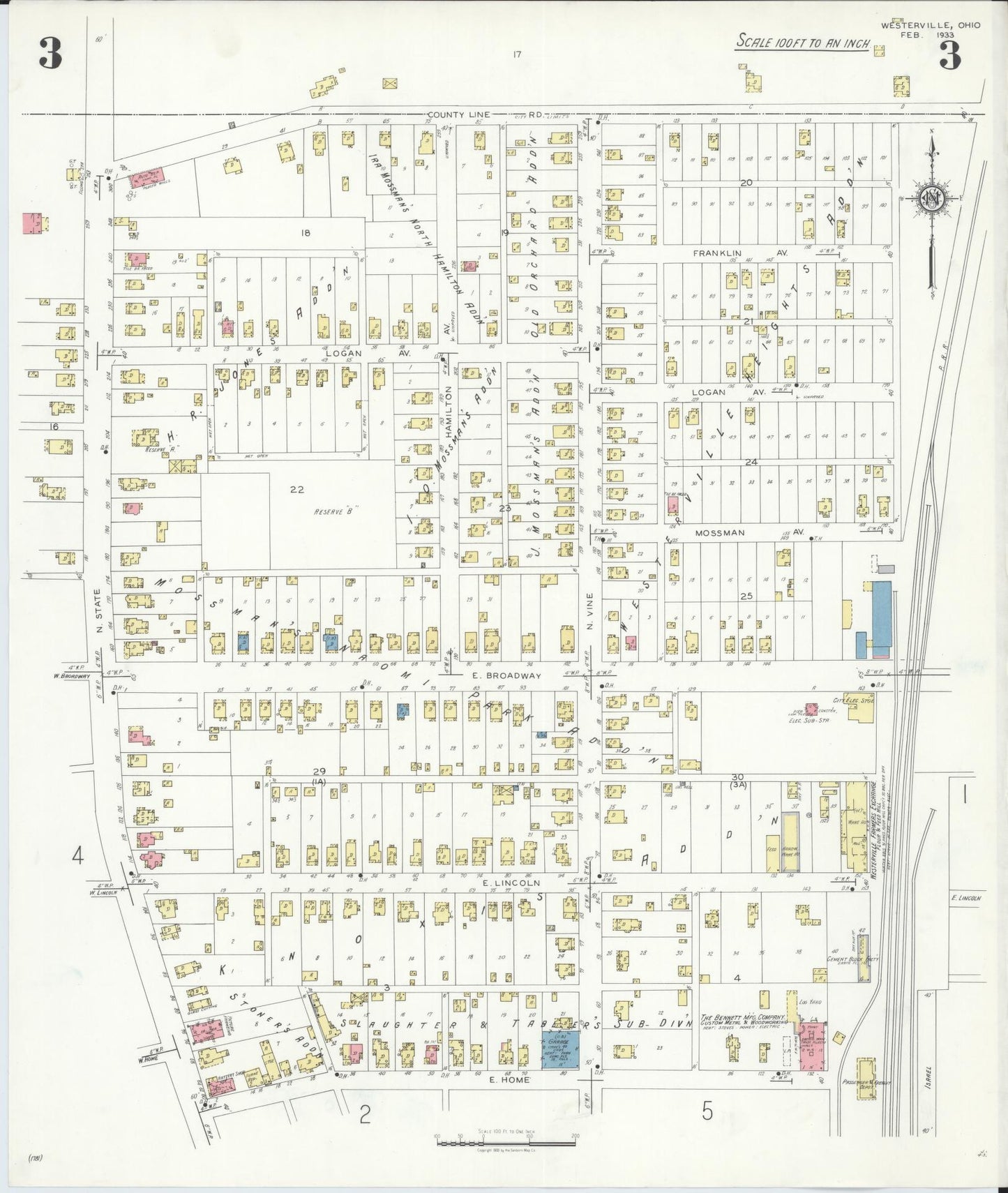 Sanborn Fire Insurance Map from Westerville, Franklin County, Ohio (1933), Sheet #0003 - Complete Map Set gallery image, historic Sanborn map, vintage wall art, Ohio Ohio