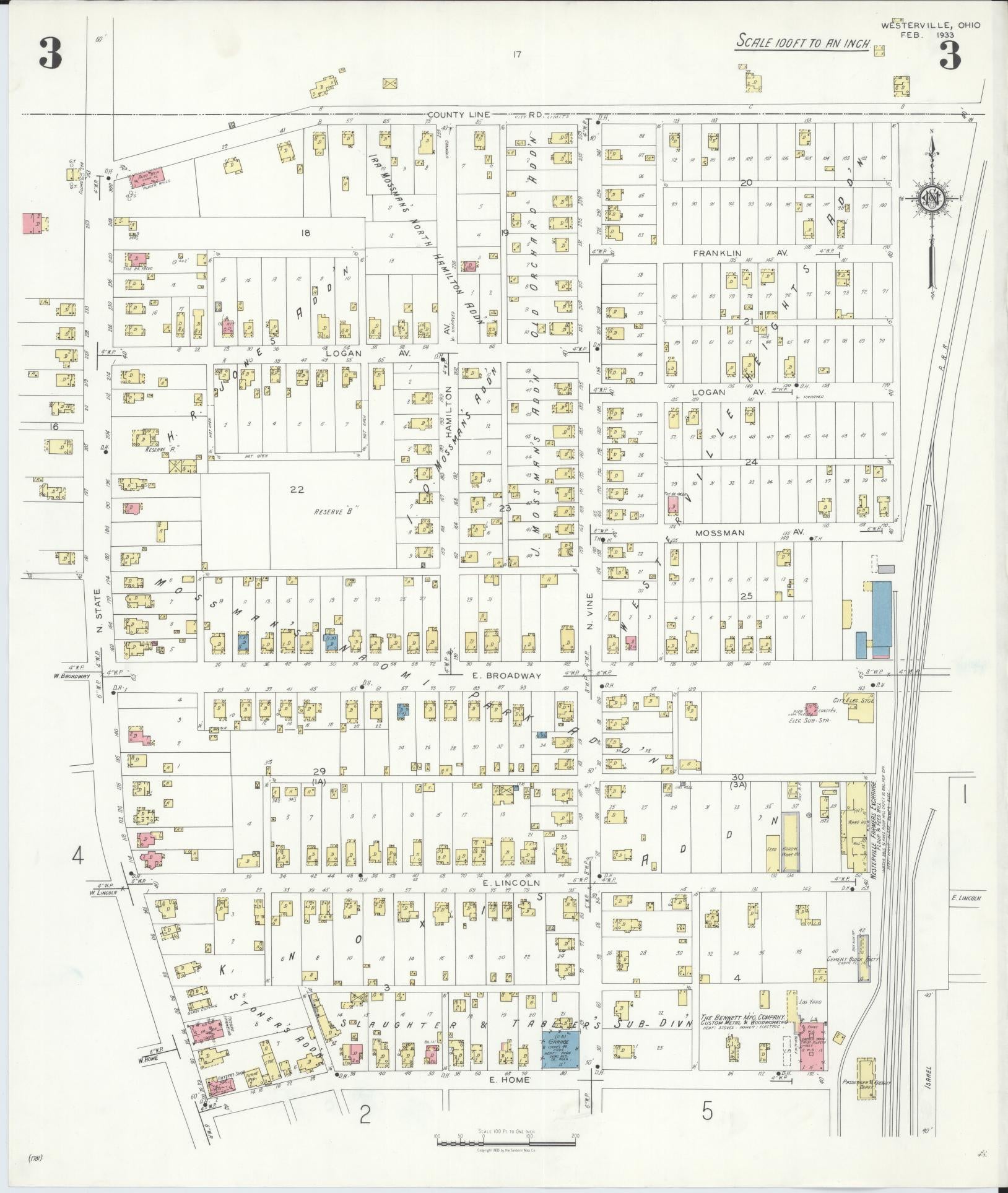 Sanborn Fire Insurance Map from Westerville, Franklin County, Ohio (1933), Sheet #0003 - Complete Map Set gallery image, historic Sanborn map, vintage wall art, Ohio Ohio