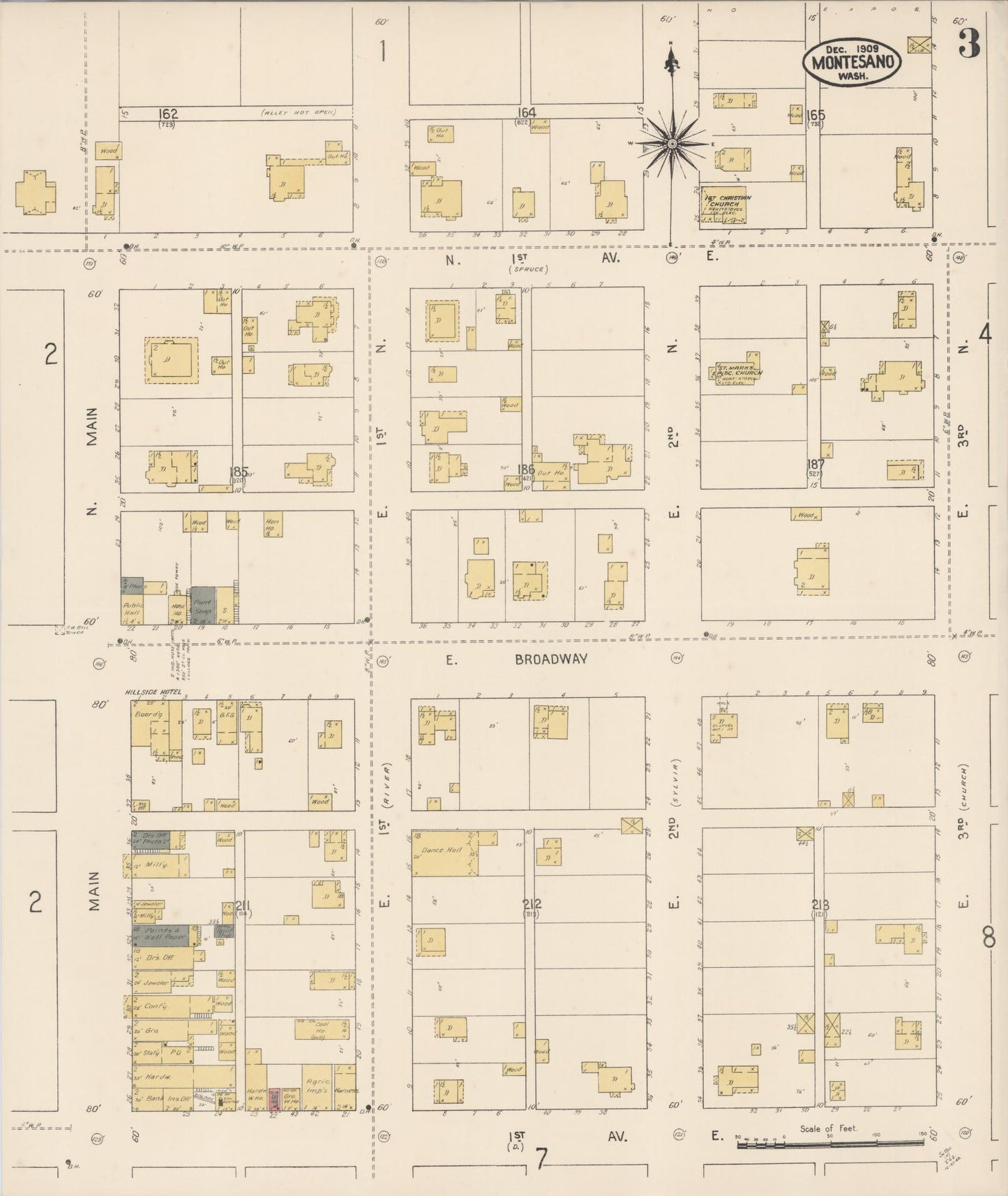 Sanborn Fire Insurance Map from Montesano, Grays Harbor County, Washington (1909), Sheet #0003 - Complete Map Set gallery image, historic Sanborn map, vintage wall art, Washington Washington