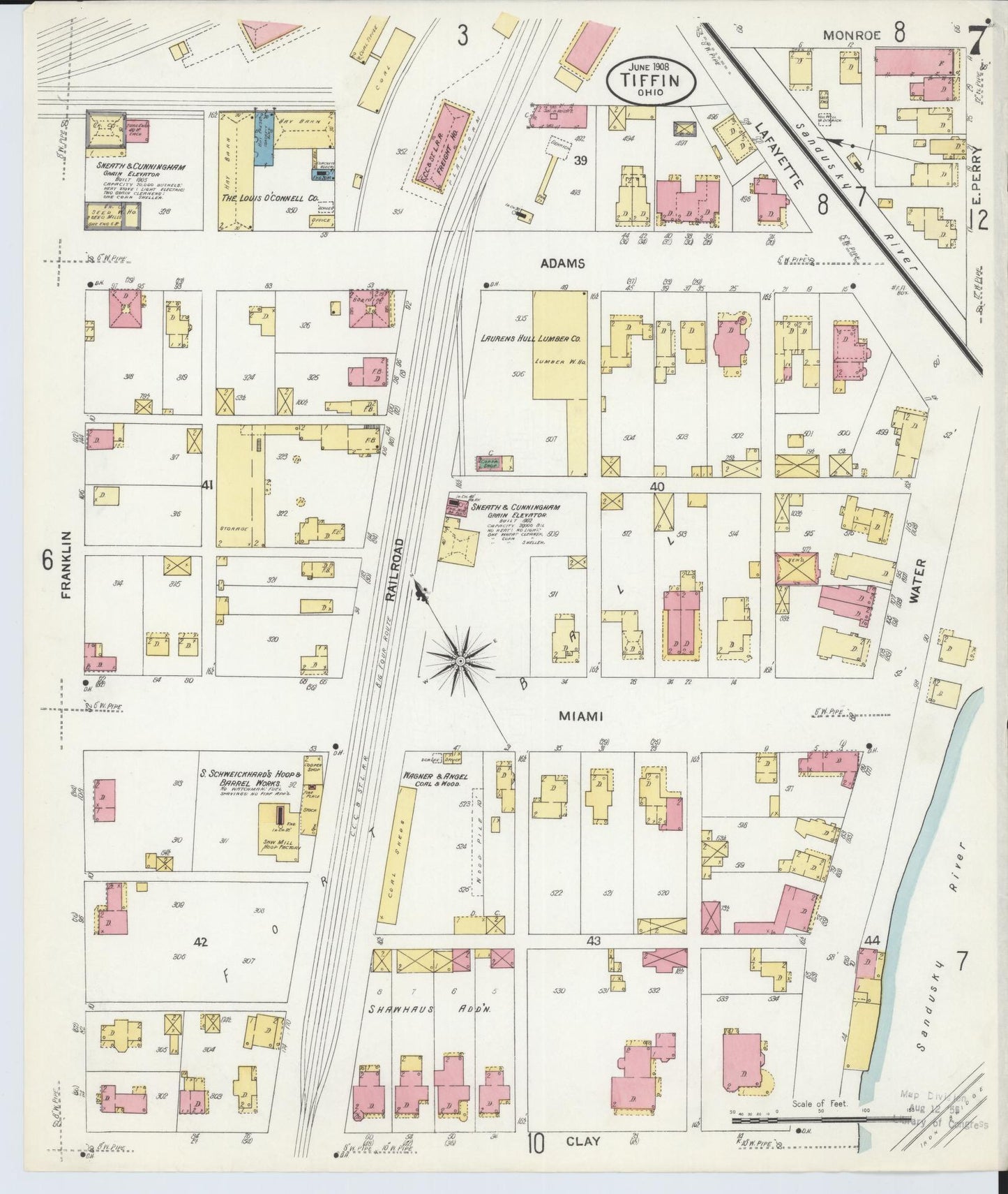 Sanborn Fire Insurance Map from Tiffin, Seneca County, Ohio (1908), Sheet #0007 - Historic Sanborn Fire Insurance Map Print, vintage old map wall art, antique decor, genealogy gift, Ohio Ohio map
