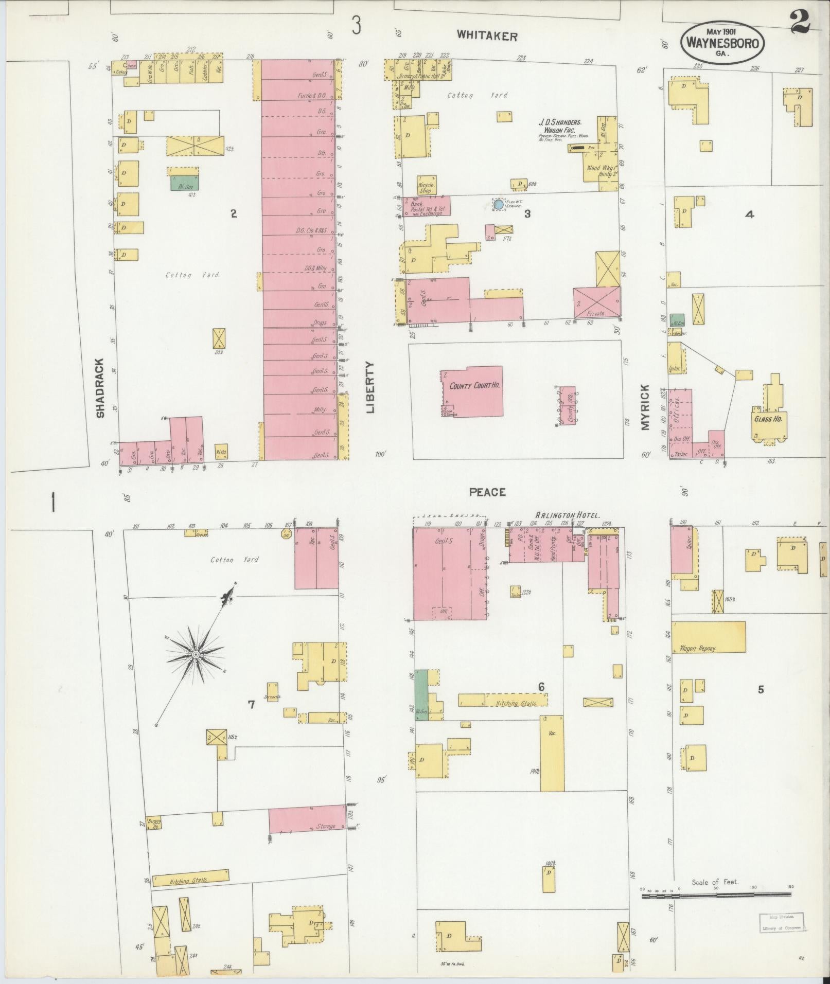 Sanborn Fire Insurance Map from Waynesboro, Burke County, Georgia (1901), Sheet #0002 - Complete Map Set gallery image, historic Sanborn map, vintage wall art, Georgia Georgia