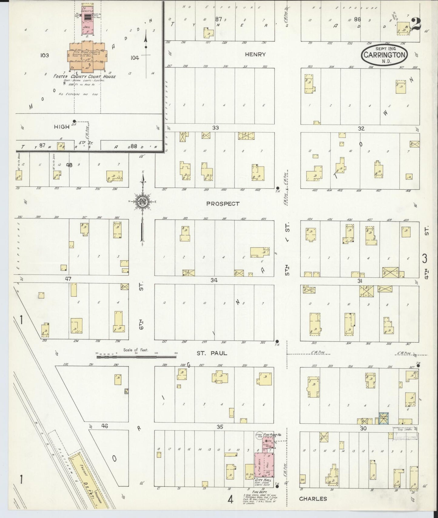 Sanborn Fire Insurance Map from Carrington, Foster County, North Dakota (1914), Sheet #0002 - Complete Map Set gallery image, historic Sanborn map, vintage wall art, North Dakota North Dakota