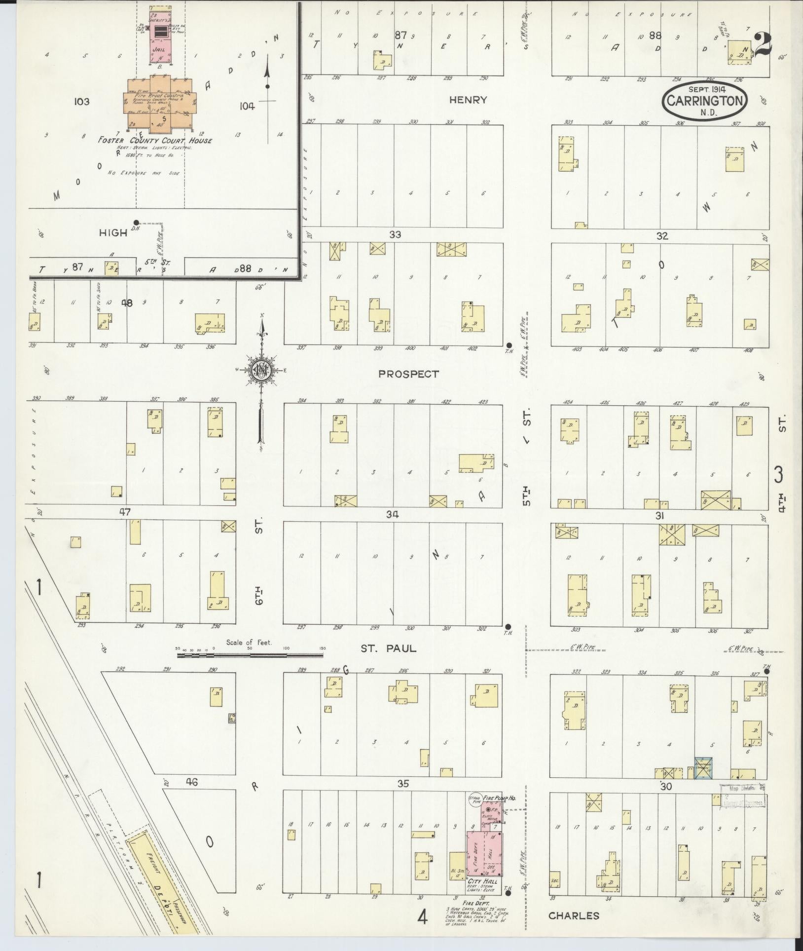 Sanborn Fire Insurance Map from Carrington, Foster County, North Dakota (1914), Sheet #0002 - Complete Map Set gallery image, historic Sanborn map, vintage wall art, North Dakota North Dakota