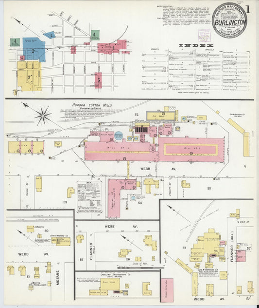 Sanborn Fire Insurance Map from Burlington, Alamance County, North Carolina (1908), Sheet #0001 - Historic Sanborn Fire Insurance Map Print, vintage old map wall art, antique decor, genealogy gift, North Carolina North Carolina map