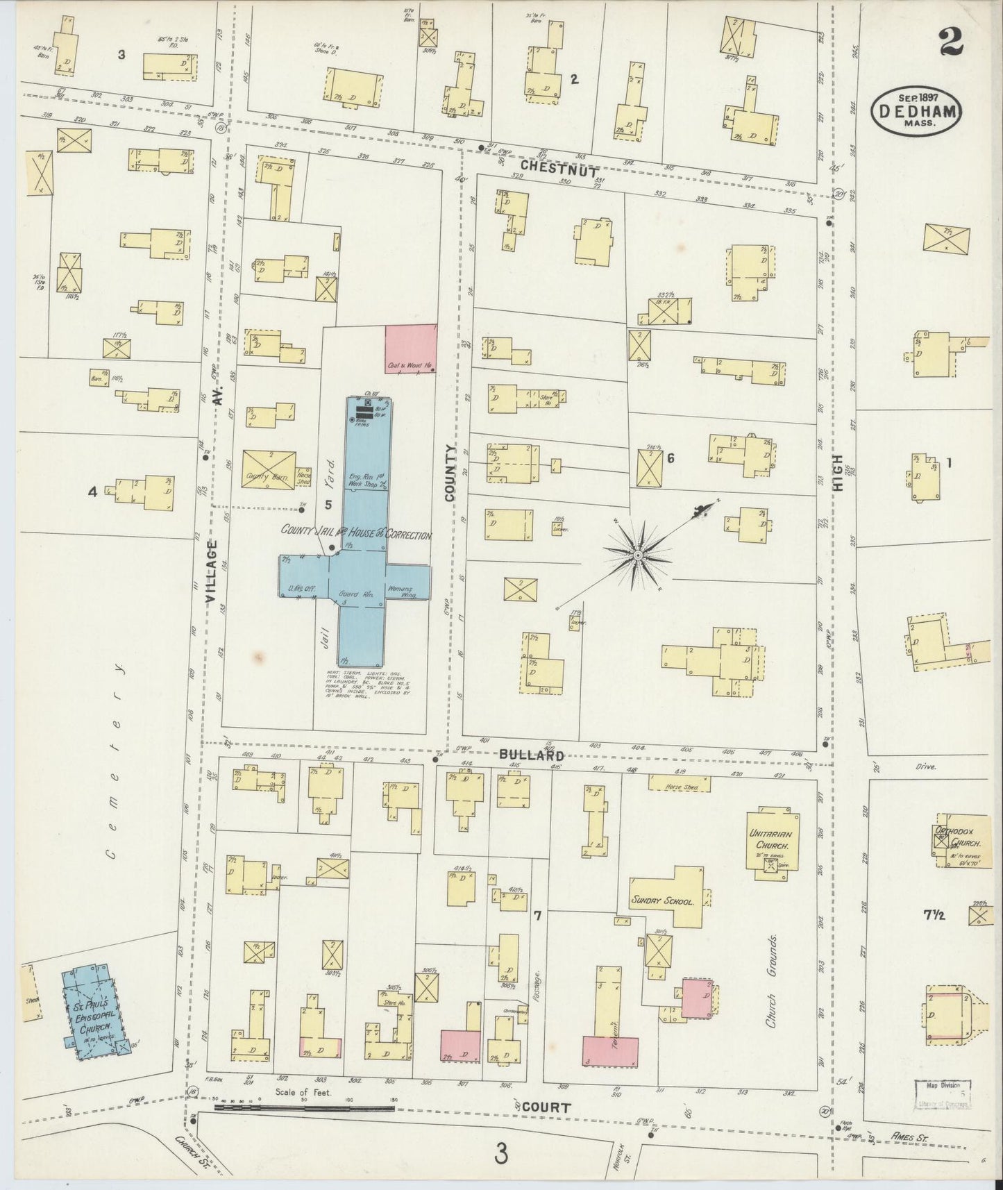Sanborn Fire Insurance Map from Dedham, Norfolk County, Massachusetts (1897), Sheet #0002 - Complete Map Set gallery image, historic Sanborn map, vintage wall art, Massachusetts Massachusetts