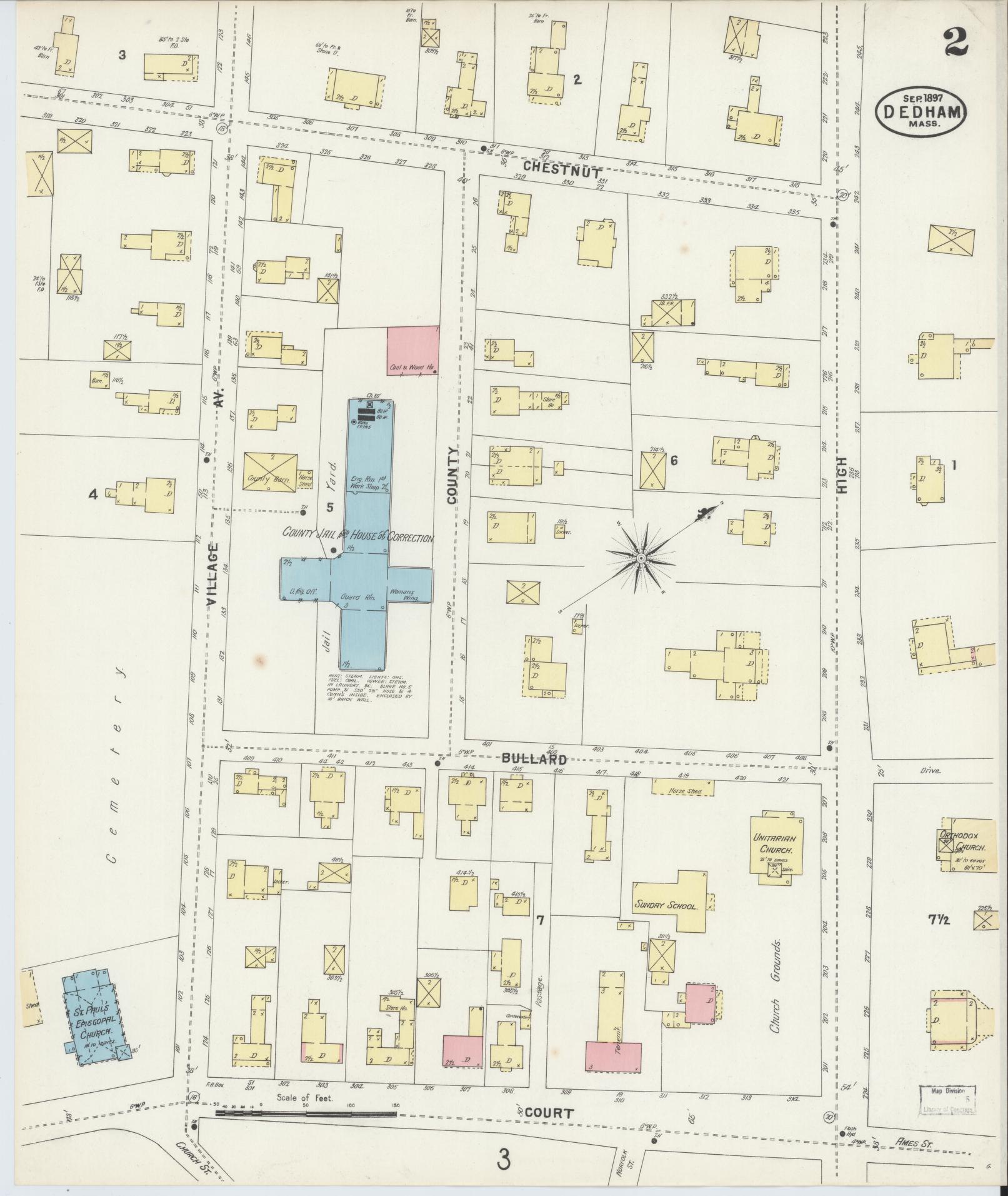 Sanborn Fire Insurance Map from Dedham, Norfolk County, Massachusetts (1897), Sheet #0002 - Complete Map Set gallery image, historic Sanborn map, vintage wall art, Massachusetts Massachusetts