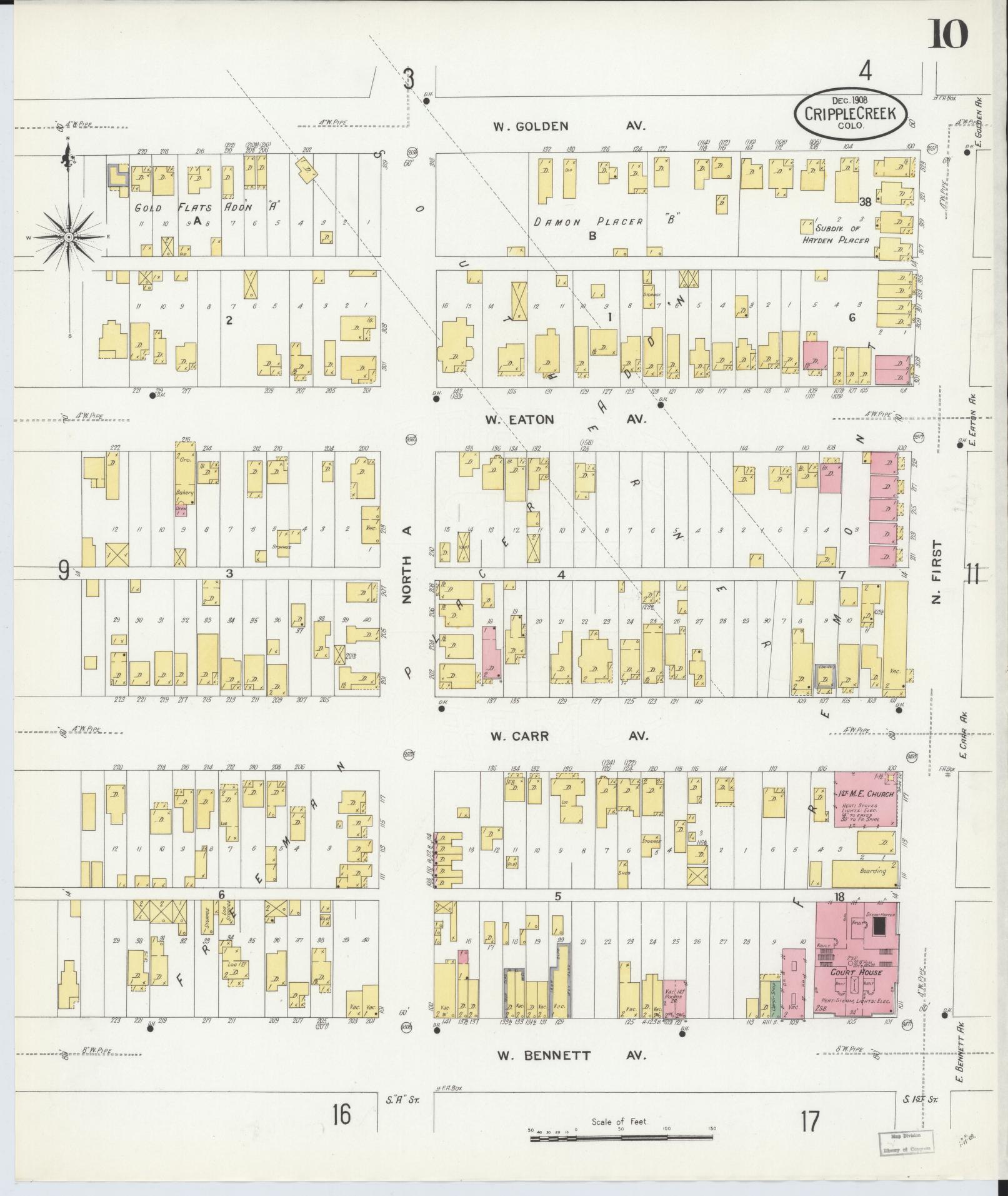 Sanborn Fire Insurance Map from Cripple Creek, Teller County, Colorado (1908), Sheet #0010 - Historic Sanborn Fire Insurance Map Print, vintage old map wall art, antique decor, genealogy gift, Colorado Colorado map