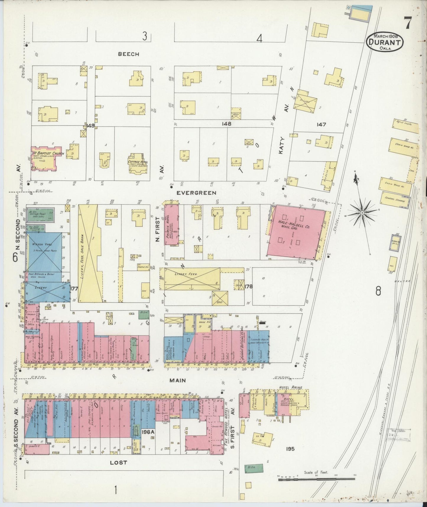 Sanborn Fire Insurance Map from Durant, Bryan County, Oklahoma (1908), Sheet #0007 - Historic Sanborn Fire Insurance Map Print, vintage old map wall art, antique decor, genealogy gift, Oklahoma Oklahoma map