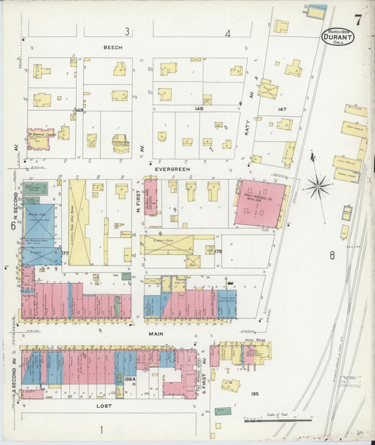 Sanborn Fire Insurance Map from Durant, Bryan County, Oklahoma (1908), Sheet #0007 - Historic Sanborn Fire Insurance Map Print, vintage old map wall art, antique decor, genealogy gift, Oklahoma Oklahoma map