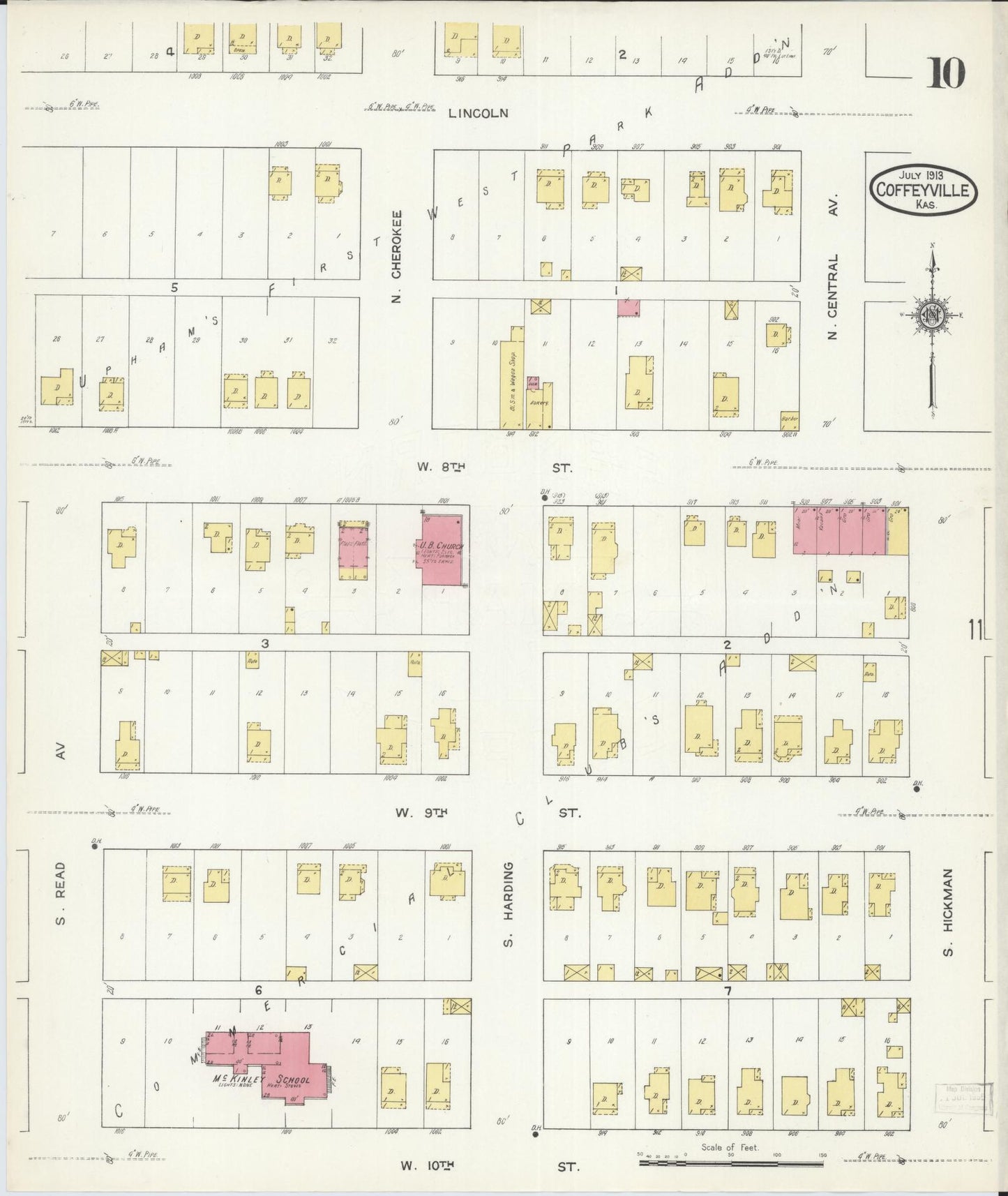Sanborn Fire Insurance Map from Coffeyville, Montgomery County, Kansas (1913), Sheet #0010 - Historic Sanborn Fire Insurance Map Print, vintage old map wall art, antique decor, genealogy gift, Kansas Kansas map
