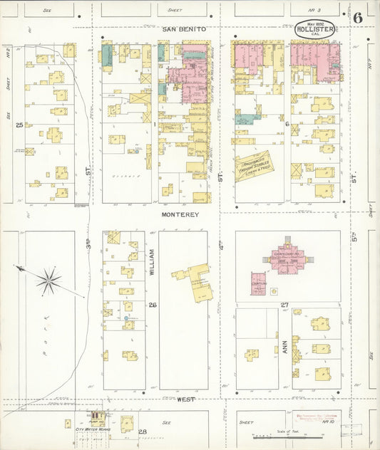 Sanborn Fire Insurance Map from Hollister, San Benito County, California (1892), Sheet #0006 - Historic Sanborn Fire Insurance Map Print, vintage old map wall art, antique decor, genealogy gift, California California map
