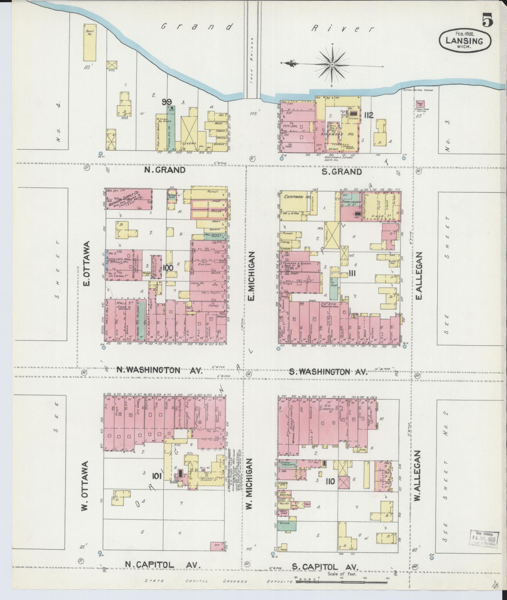 Sanborn Fire Insurance Map from Lansing, Ingham County, Michigan (1892), Sheet #0005 - Complete Map Set gallery image, historic Sanborn map, vintage wall art, Michigan Michigan