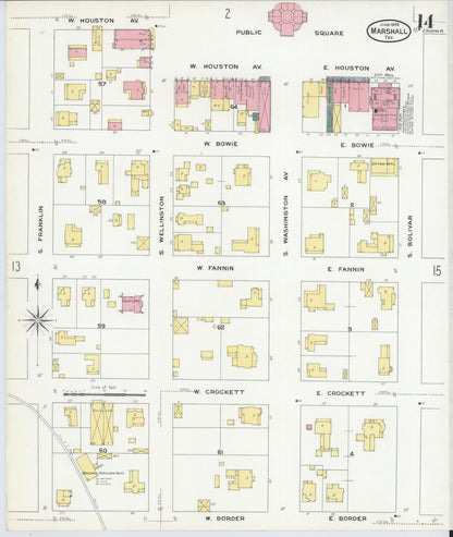Sanborn Fire Insurance Map from Marshall, Harrison County, Texas (1909), Sheet #0014 - Complete Map Set gallery image, historic Sanborn map, vintage wall art, Texas Texas