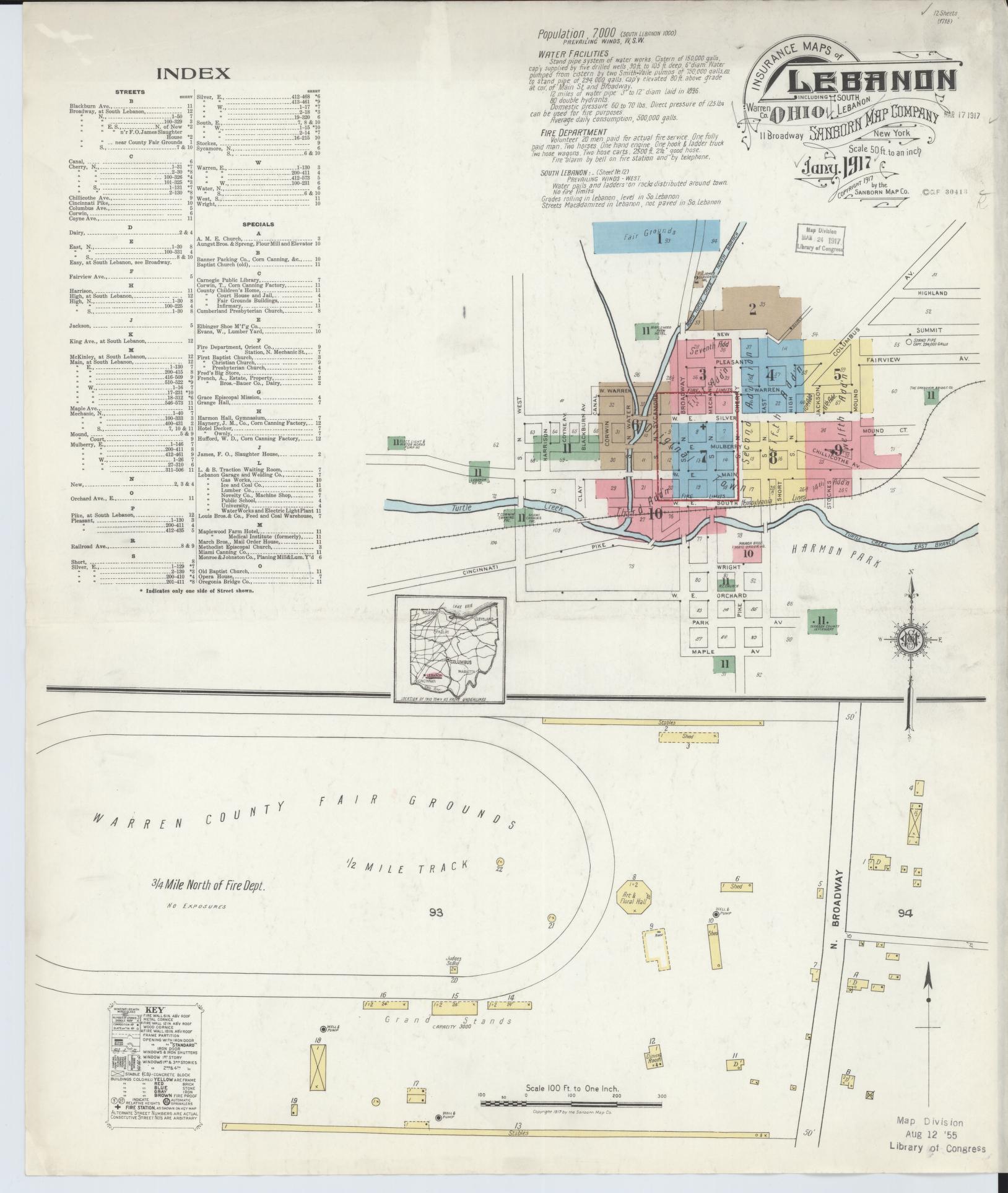 Sanborn Fire Insurance Map from Lebanon, Warren County, Ohio (1917), Sheet #0001 - Historic Sanborn Fire Insurance Map Print, vintage old map wall art, antique decor, genealogy gift, Ohio Ohio map