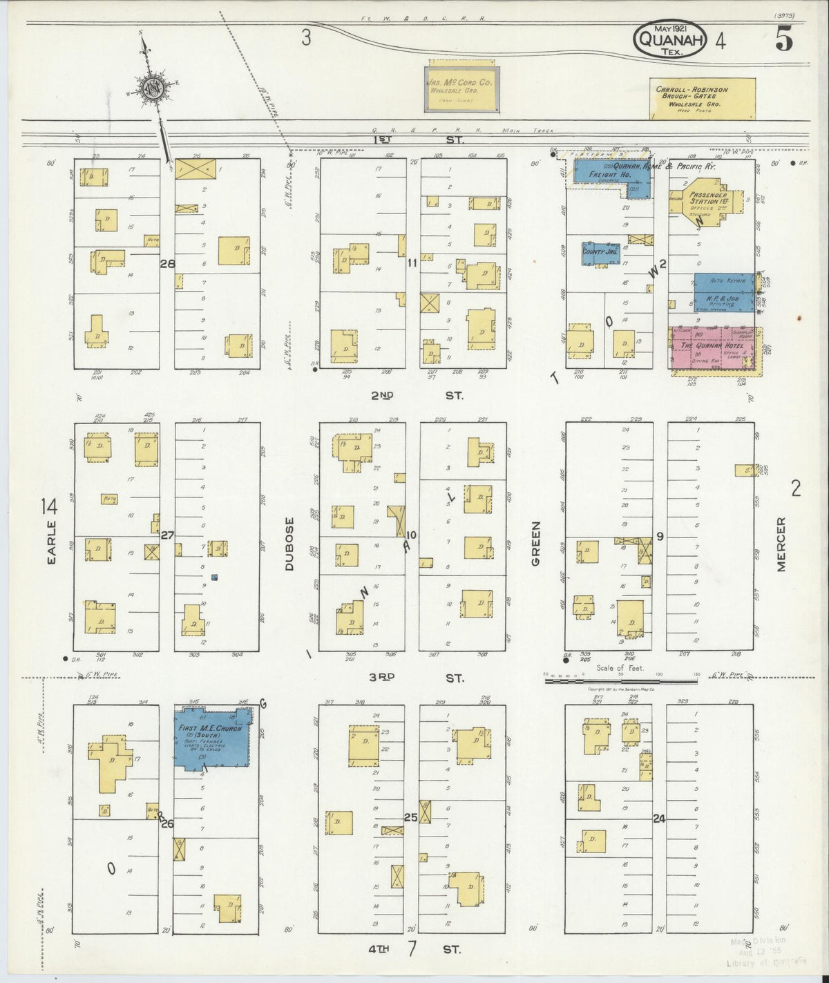 Sanborn Fire Insurance Map from Quanah, Hardeman County, Texas (1921), Sheet #0005 - Historic Sanborn Fire Insurance Map Print, vintage old map wall art, antique decor, genealogy gift, Texas Texas map