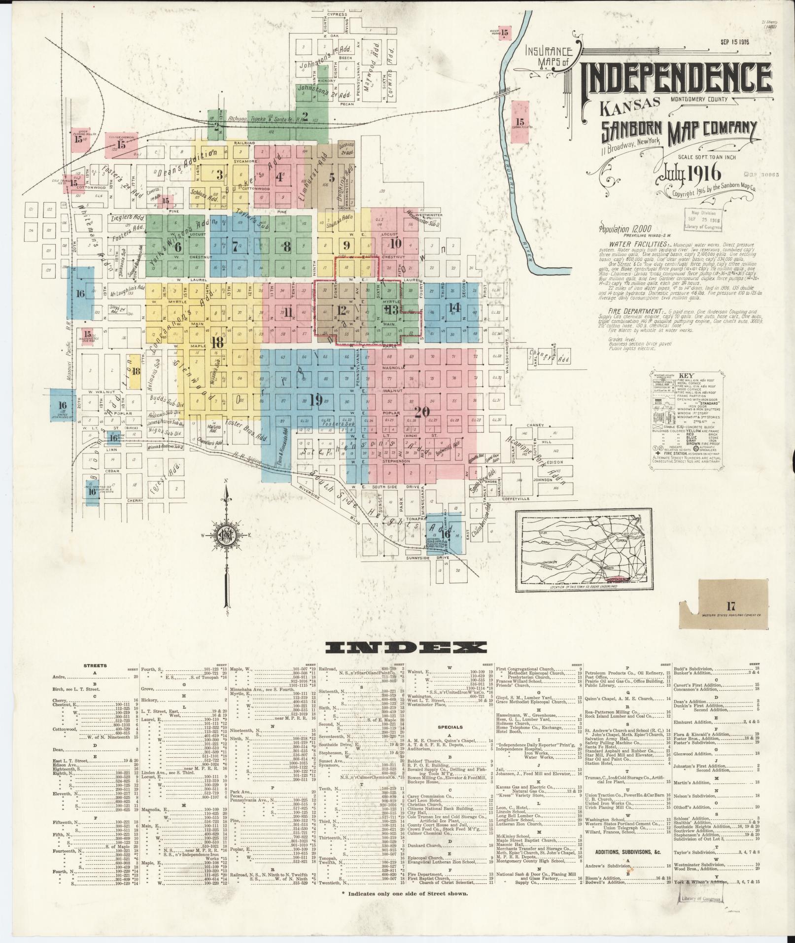 Sanborn Fire Insurance Map from Independence, Montgomery County, Kansas (1916), Sheet #0001 - Historic Sanborn Fire Insurance Map Print, vintage old map wall art, antique decor, genealogy gift, Kansas Kansas map