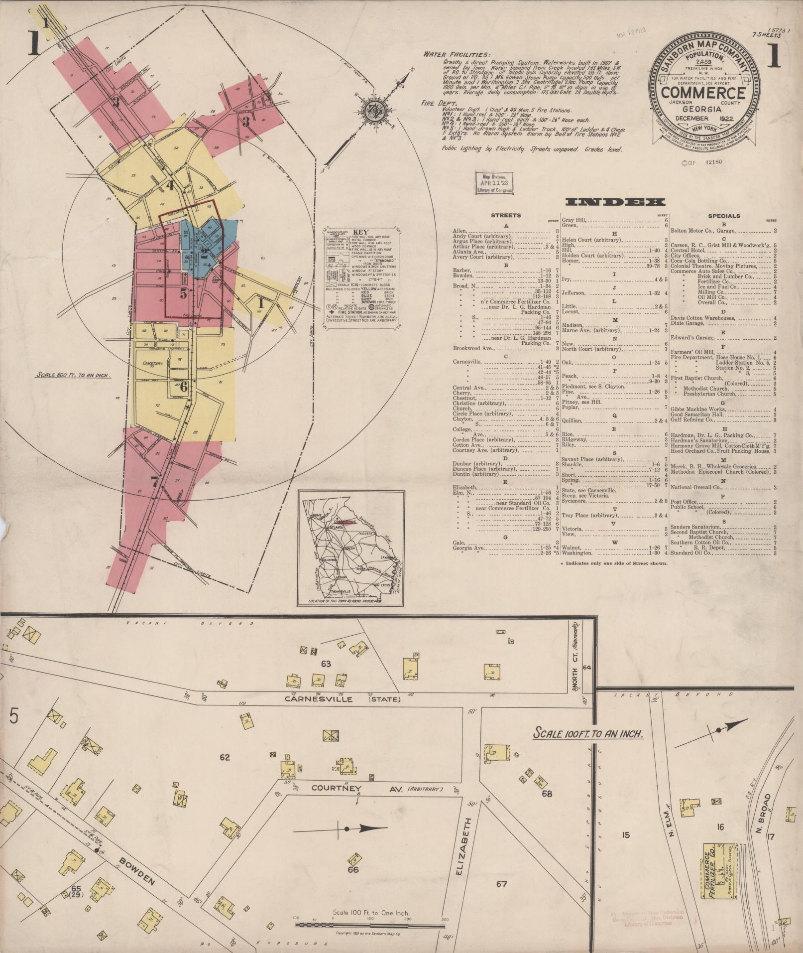Sanborn Fire Insurance Map from Commerce, Jackson County, Georgia (1922), Sheet #0001 - Historic Sanborn Fire Insurance Map Print, vintage old map wall art, antique decor, genealogy gift, Georgia Georgia map