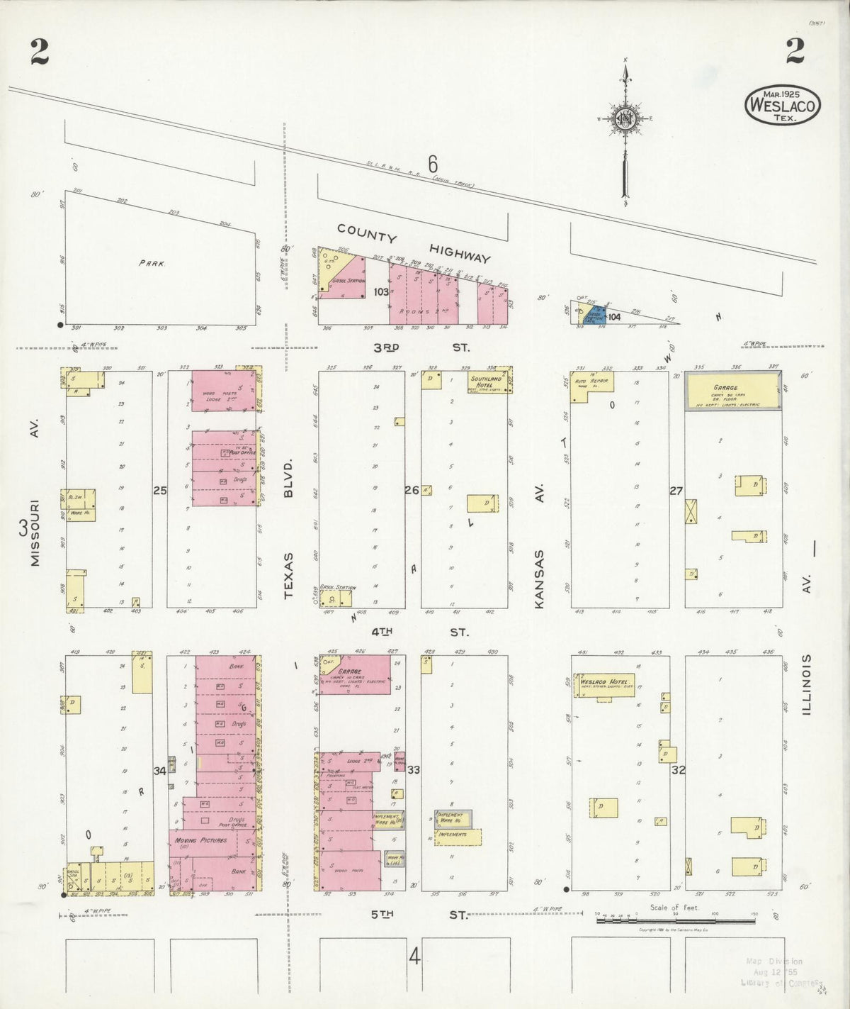 Sanborn Fire Insurance Map from Weslaco, Hidalgo County, Texas (1925), Sheet #0002 - Historic Sanborn Fire Insurance Map Print, vintage old map wall art, antique decor, genealogy gift, Texas Texas map