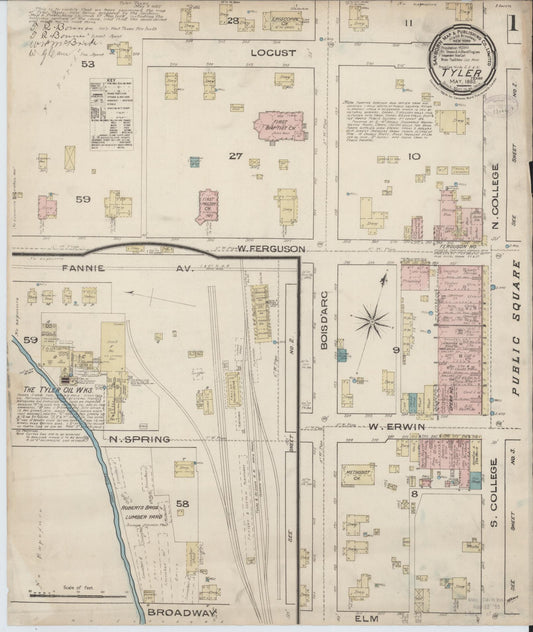 Sanborn Fire Insurance Map from Tyler, Smith County, Texas (1885), Sheet #0001 - Historic Sanborn Fire Insurance Map Print, vintage old map wall art, antique decor, genealogy gift, Texas Texas map