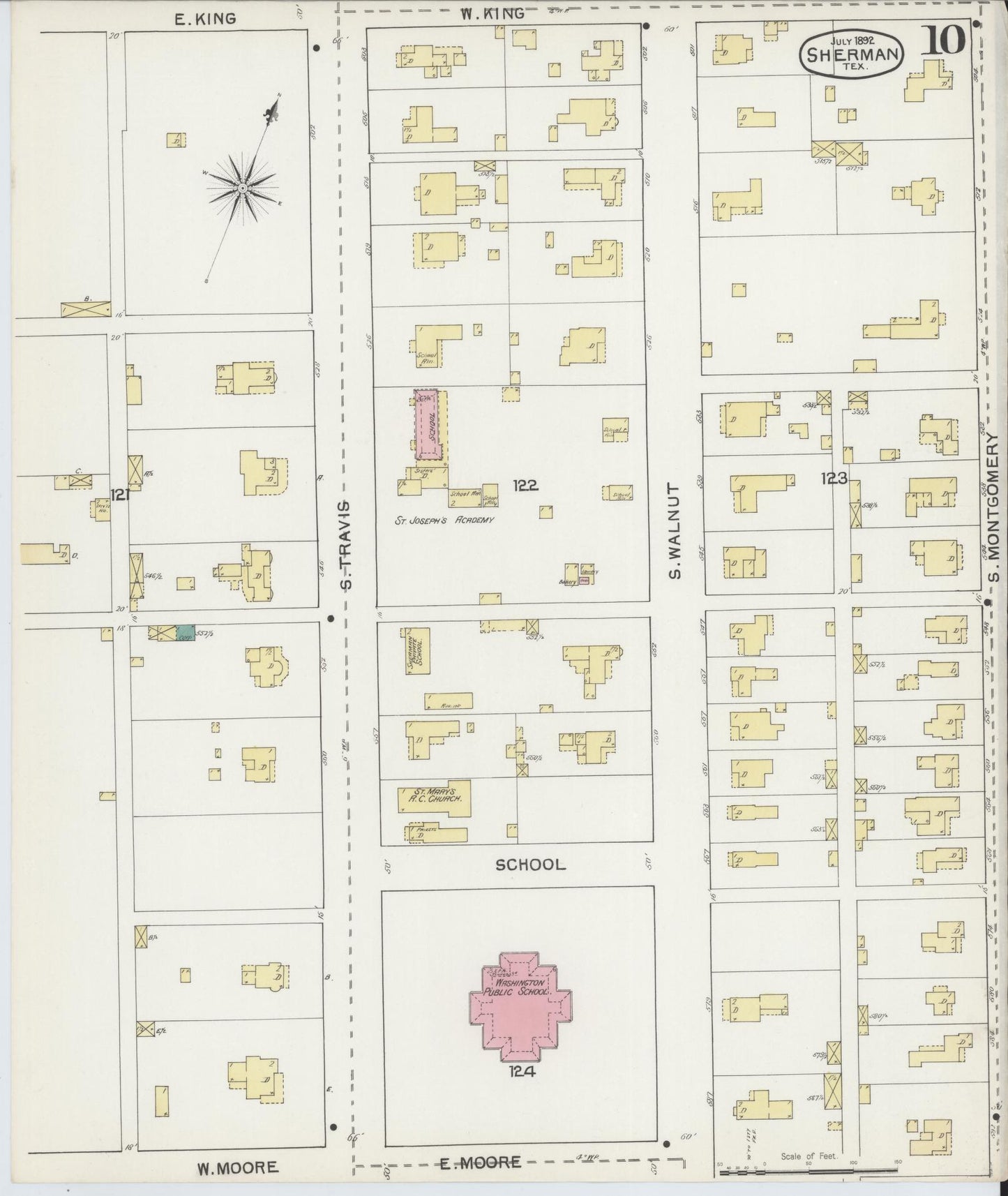 Sanborn Fire Insurance Map from Sherman, Grayson County, Texas (1892), Sheet #0010 - Historic Sanborn Fire Insurance Map Print, vintage old map wall art, antique decor, genealogy gift, Texas Texas map
