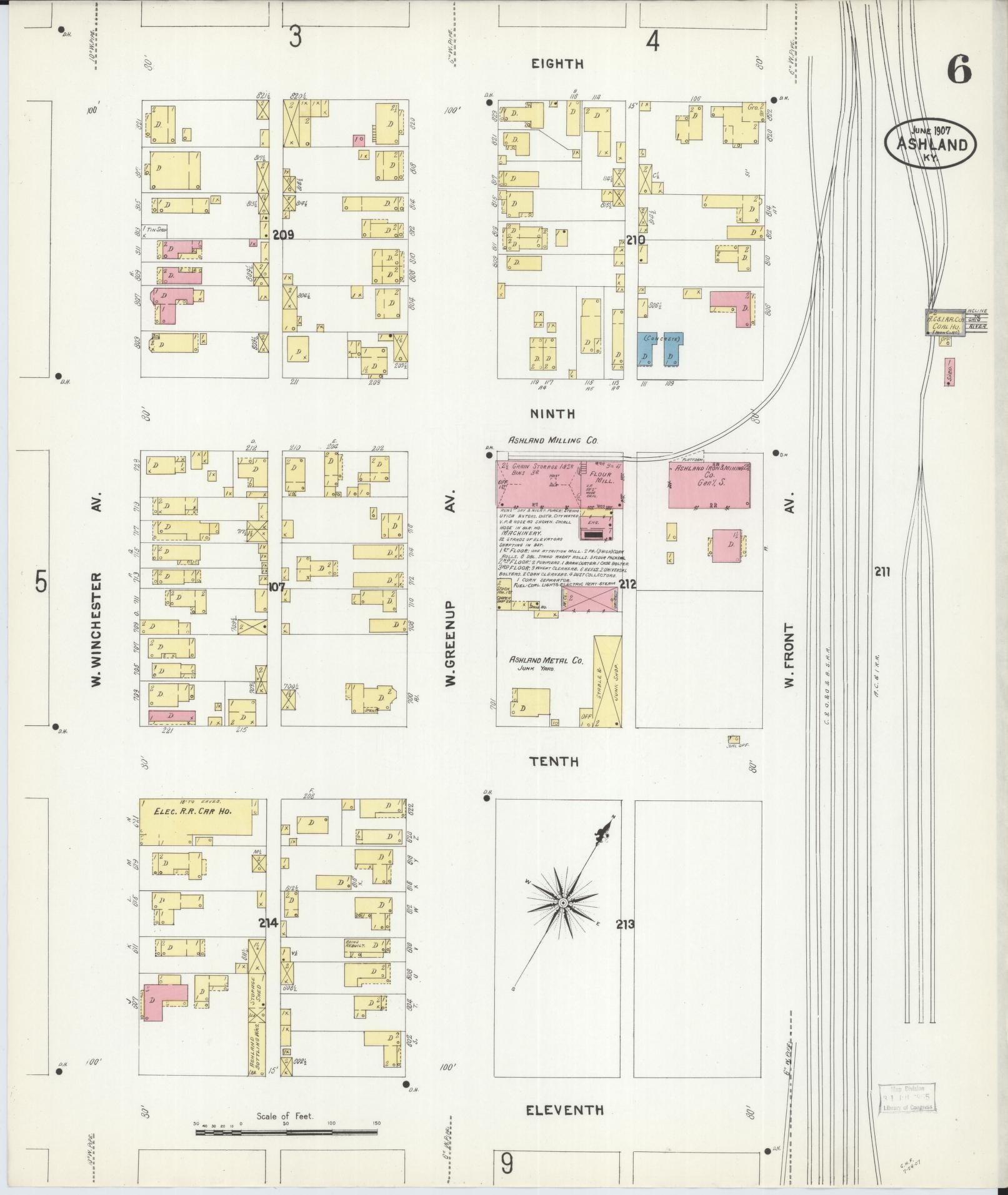 Sanborn Fire Insurance Map from Ashland, Boyd County, Kentucky (1907), Sheet #0006 - Historic Sanborn Fire Insurance Map Print, vintage old map wall art, antique decor, genealogy gift, Kentucky Kentucky map
