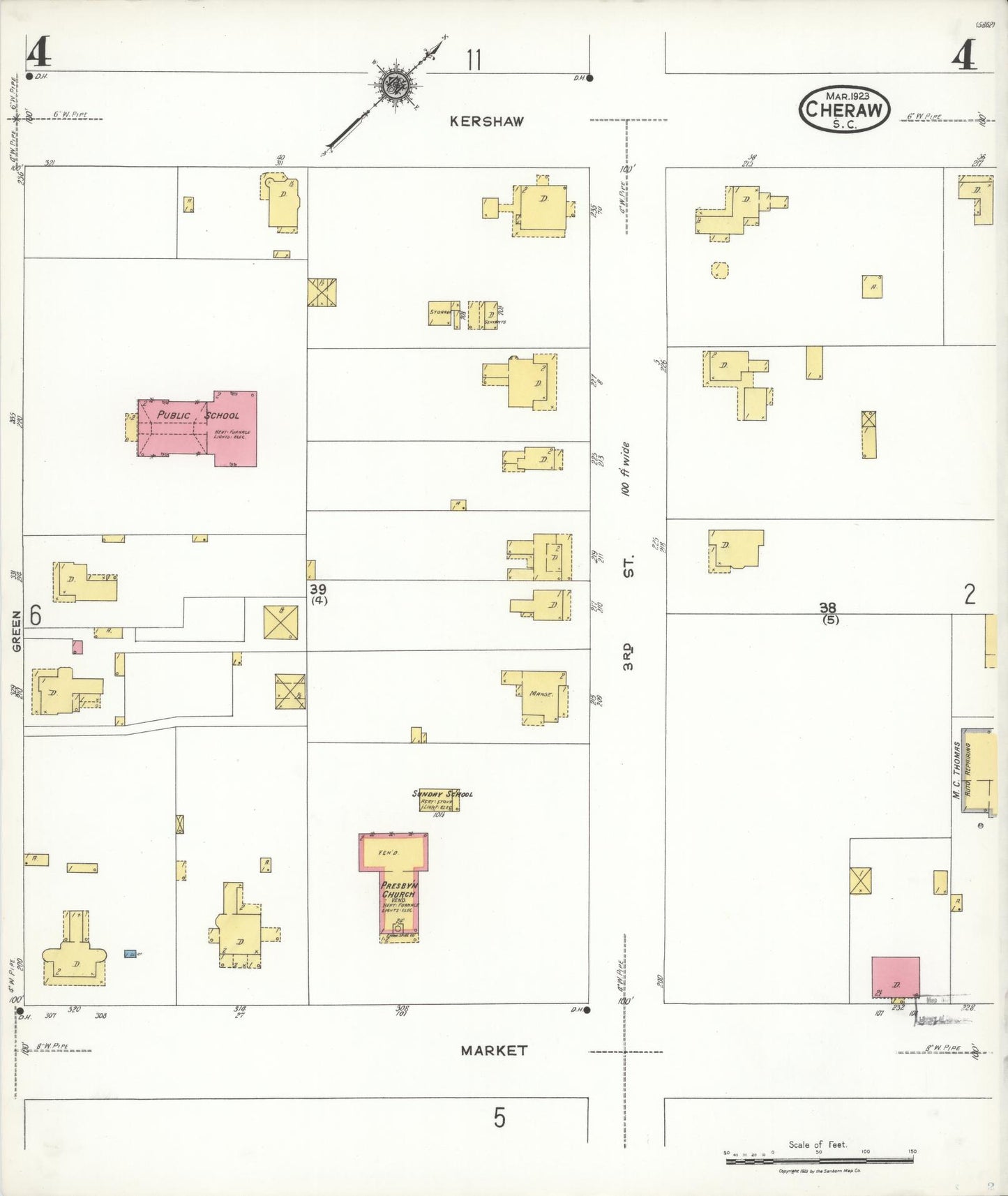 Sanborn Fire Insurance Map from Cheraw, Chesterfield County, South Carolina (1923), Sheet #0004 - Complete Map Set gallery image, historic Sanborn map, vintage wall art, South Carolina South Carolina