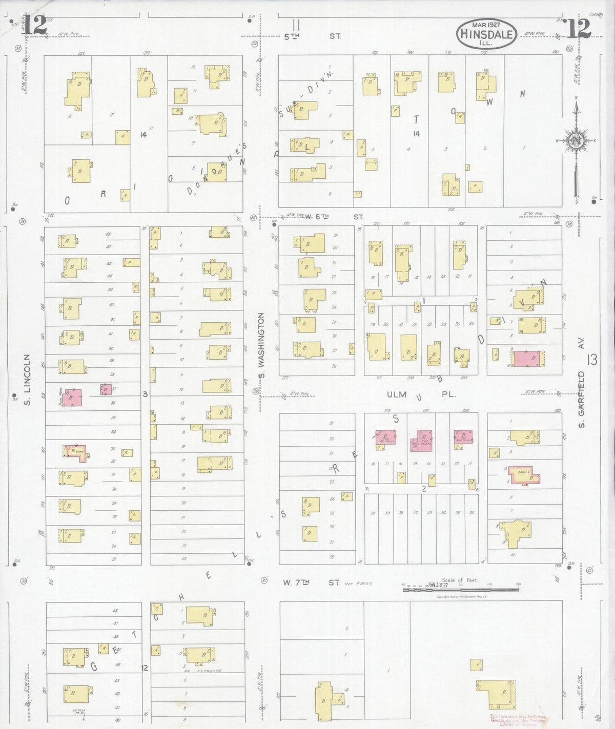 Sanborn Fire Insurance Map from Hinsdale, Du Page And Cook Counties, Illinois (1927), Sheet #0012 - Complete Map Set gallery image, historic Sanborn map, vintage wall art, Illinois Illinois