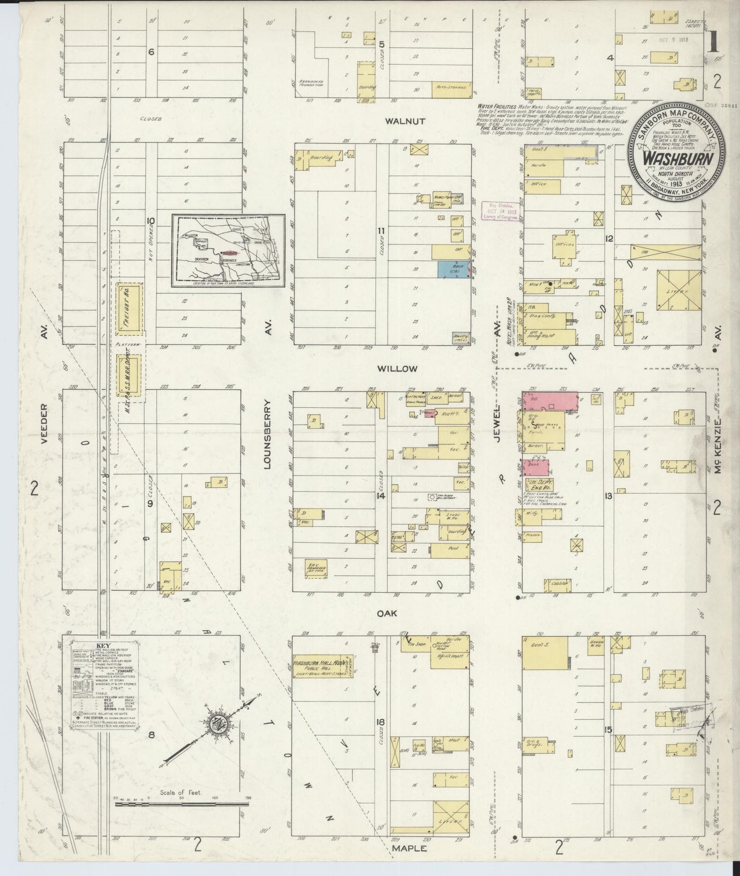 Sanborn Fire Insurance Map from Washburn, Mclean County, North Dakota (1913), Sheet #0001 - Complete Map Set gallery image, historic Sanborn map, vintage wall art, North Dakota North Dakota