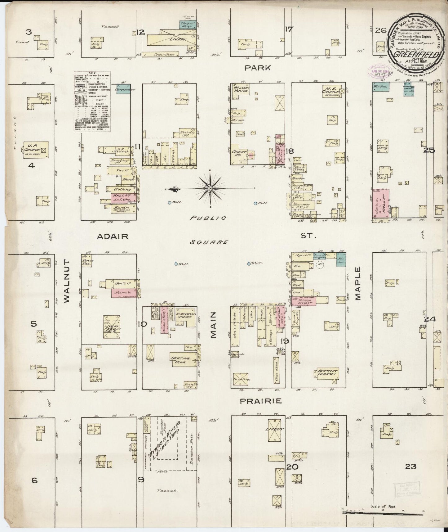 Sanborn Fire Insurance Map from Greenfield, Adair County, Iowa (1886), Sheet #0001 - Historic Sanborn Fire Insurance Map Print, vintage old map wall art