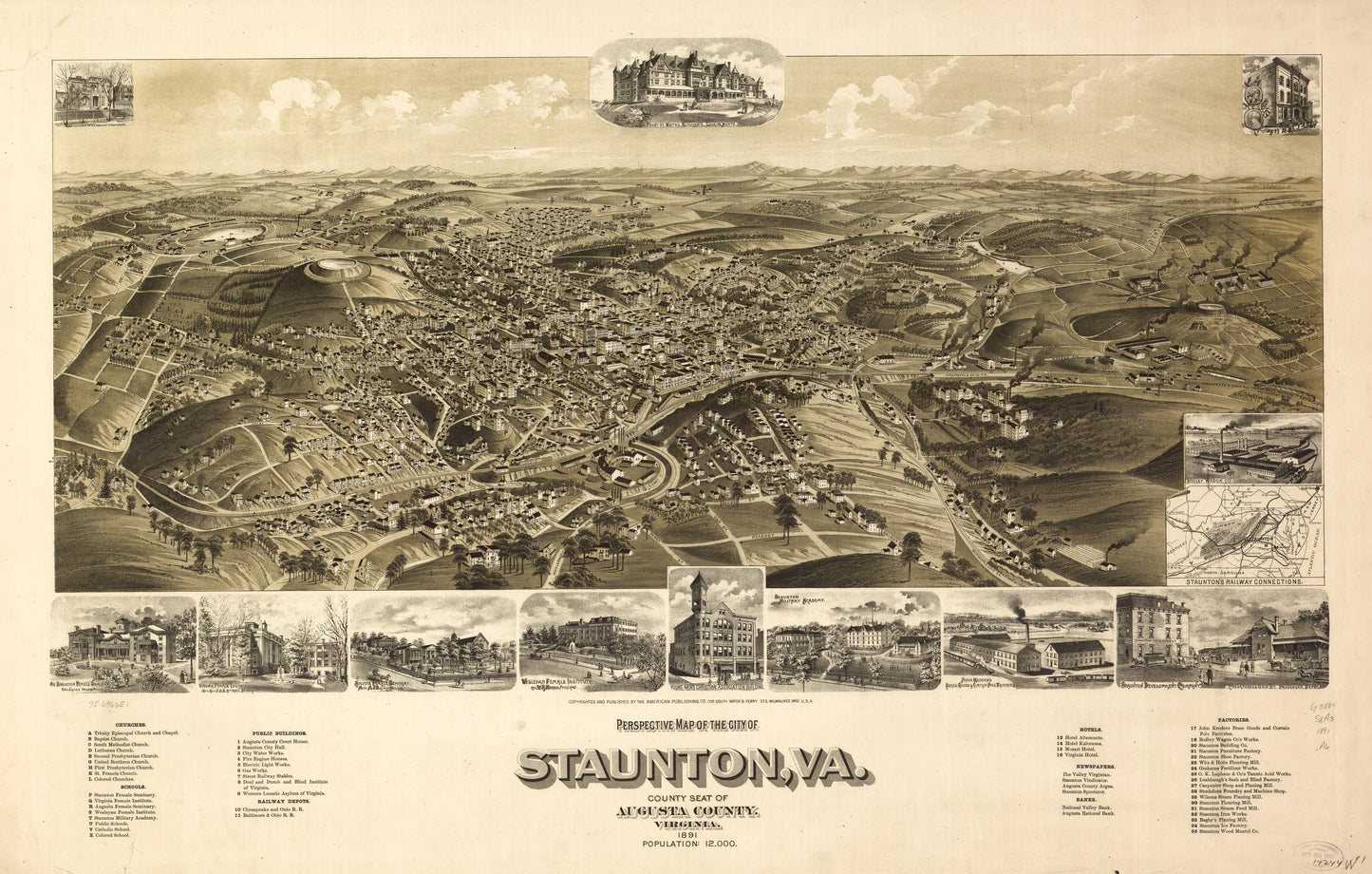 Perspective map of the city of Staunton, Va., county seat of Augusta County, Virginia 1891. (1891) – Historic Bird’s-Eye View Panorama Print