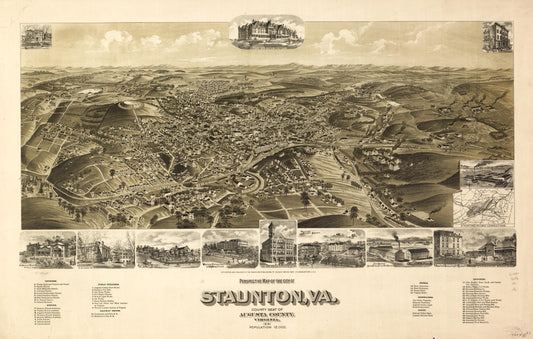 Perspective map of the city of Staunton, Va., county seat of Augusta County, Virginia 1891. (1891) – Historic Bird’s-Eye View Panorama Print
