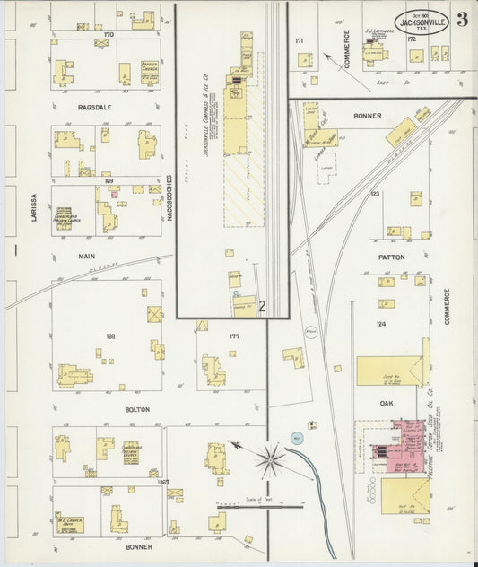 Sanborn Fire Insurance Map from Jacksonville, Cherokee County, Texas (1901), Sheet #0003 - Historic Sanborn Fire Insurance Map Print, vintage old map wall art, antique decor, genealogy gift, Texas Texas map
