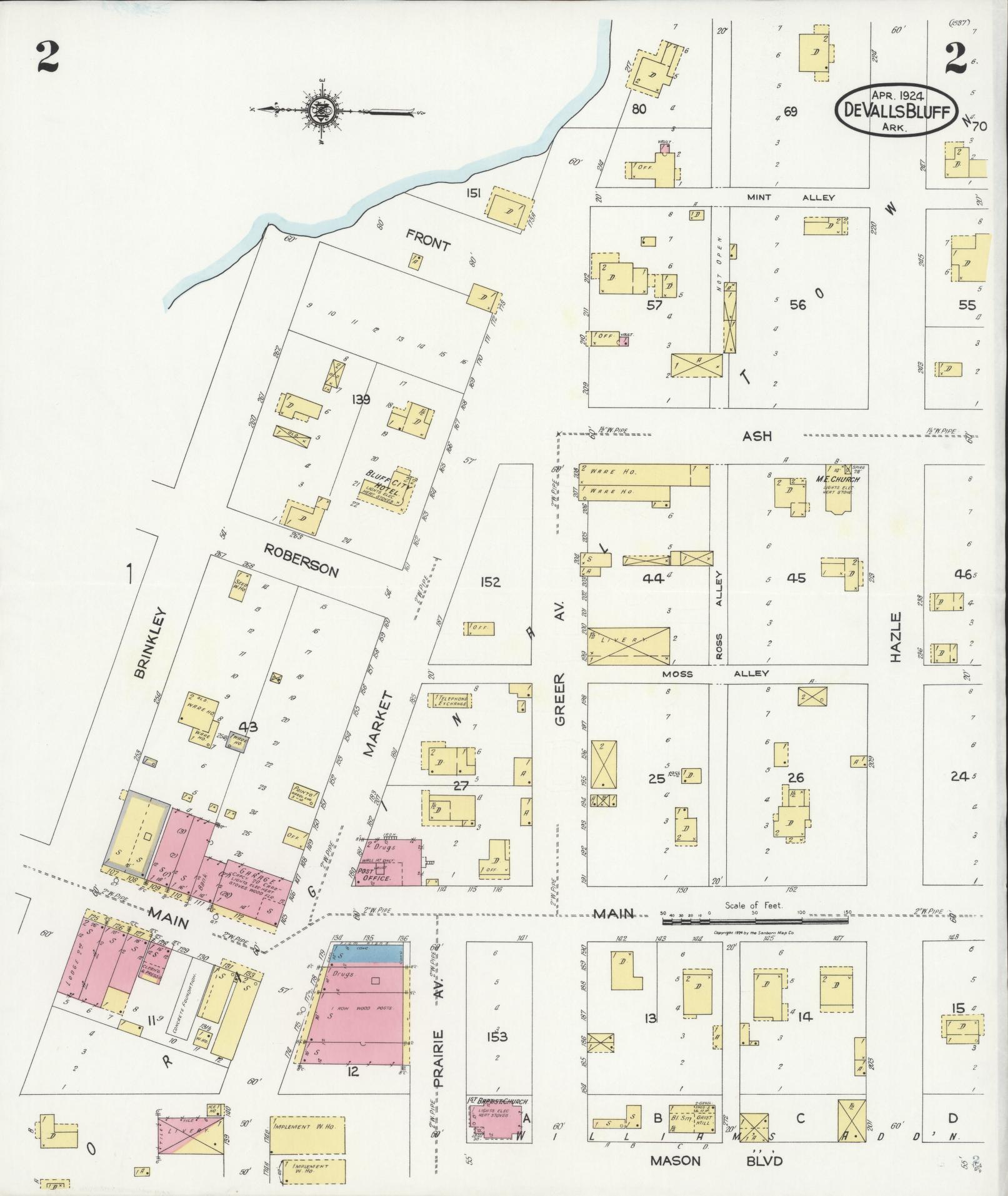 Sanborn Fire Insurance Map from De Valls Bluff, Priairie County, Arkansas (1924), Sheet #0002 - Complete Map Set gallery image, historic Sanborn map, vintage wall art, Arkansas Arkansas