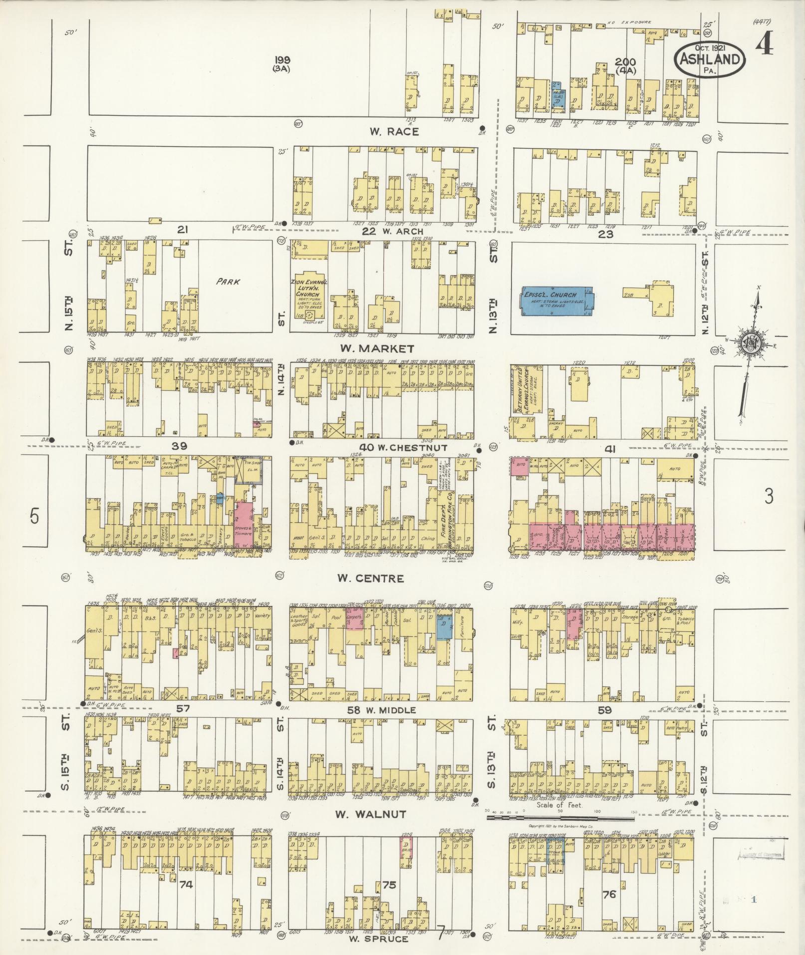 Sanborn Fire Insurance Map from Ashland, Schuylkill County, Pennsylvania (1921), Sheet #0004 - Historic Sanborn Fire Insurance Map Print, vintage old map wall art, antique decor, genealogy gift, Pennsylvania Pennsylvania map