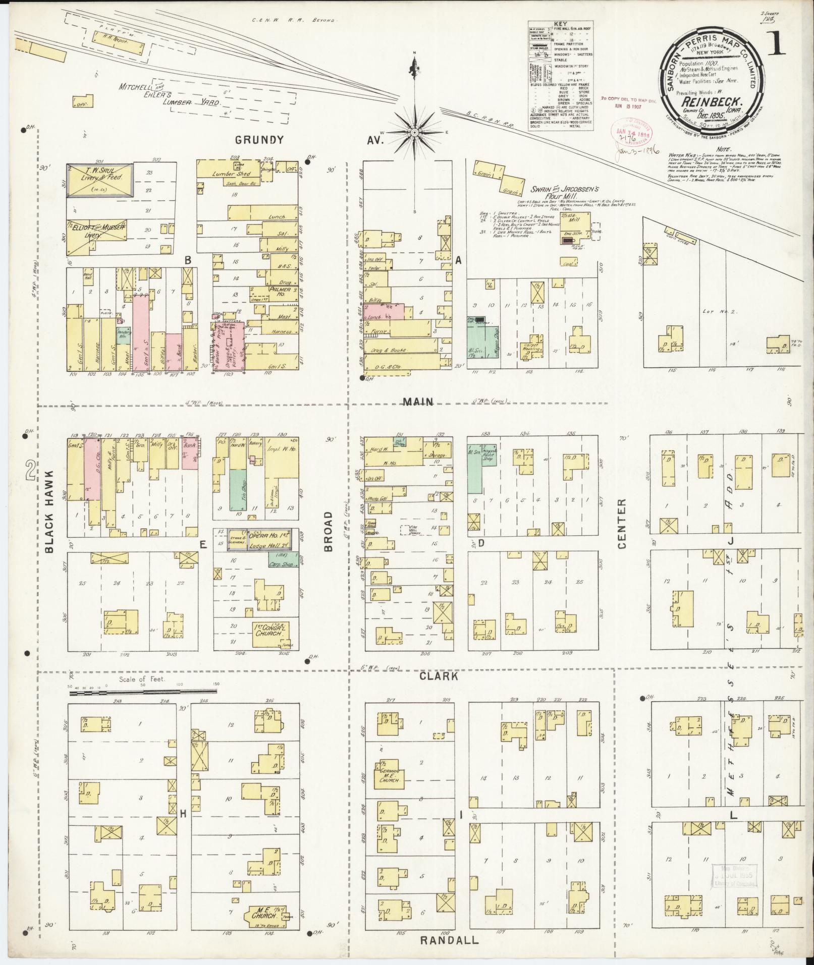 Sanborn Fire Insurance Map from Reinbeck, Grundy County, Iowa (1895), Sheet #0001 - Historic Sanborn Fire Insurance Map Print, vintage old map wall art