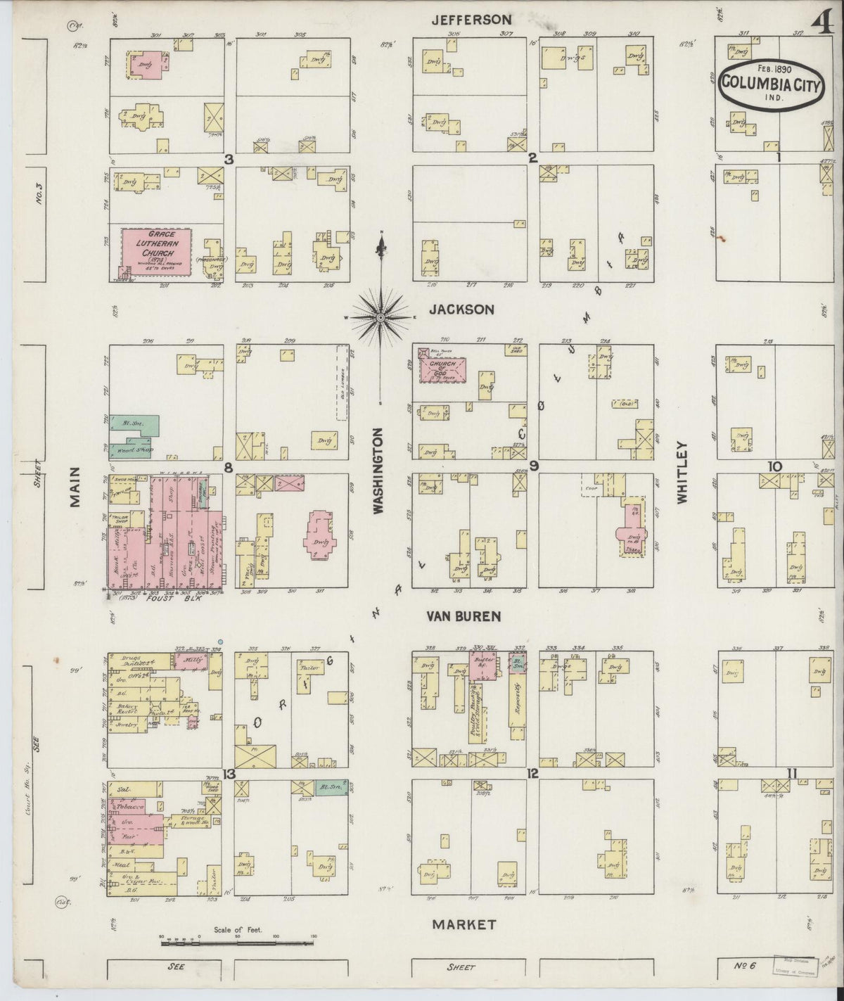 Sanborn Fire Insurance Map from Columbia City, Whitley County, Indiana (1890), Sheet #0004 - Historic Sanborn Fire Insurance Map Print, vintage old map wall art, antique decor, genealogy gift, Indiana Indiana map