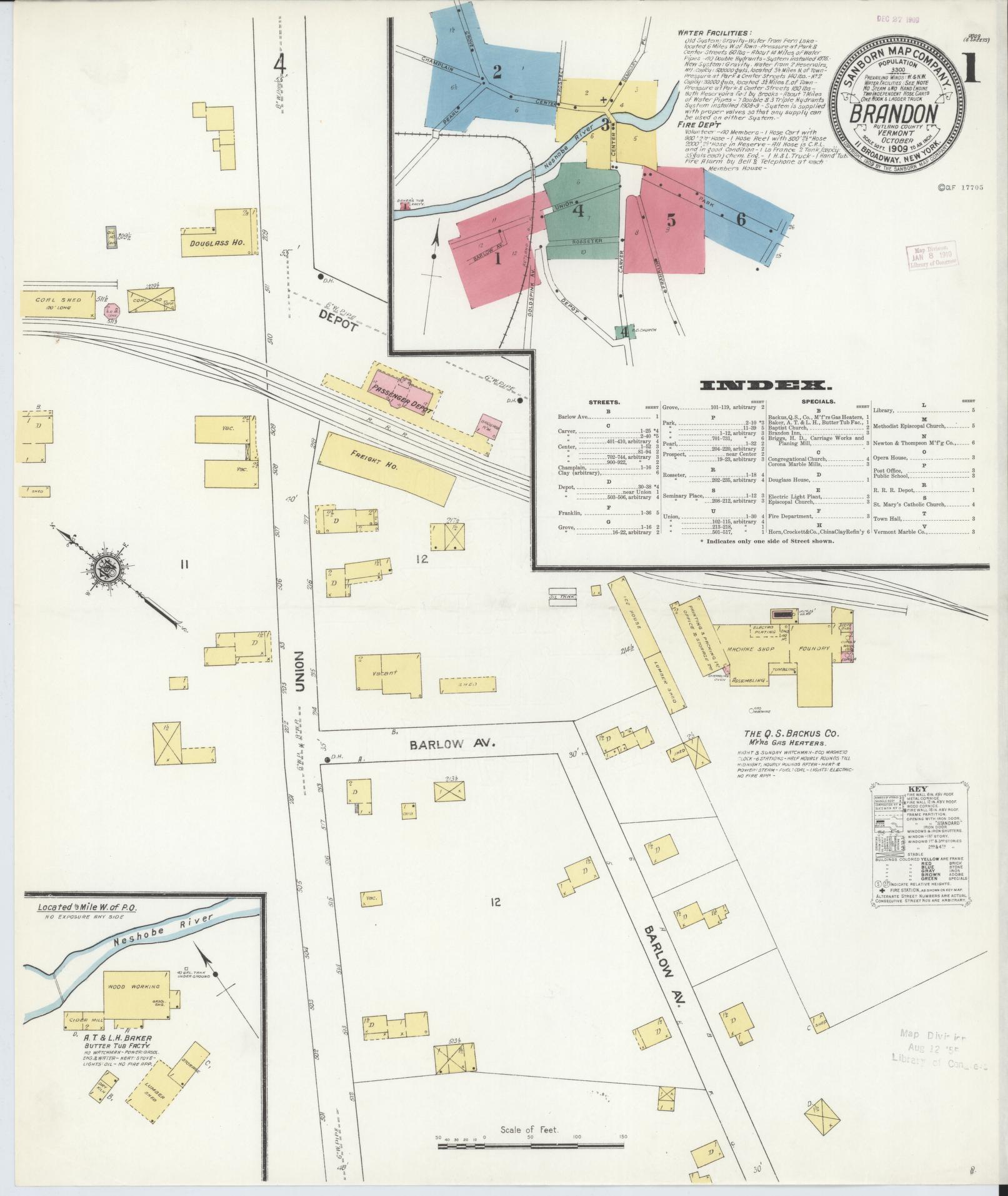 Sanborn Fire Insurance Map from Brandon, Rutland County, Vermont (1909), Sheet #0001 - Complete Map Set gallery image, historic Sanborn map, vintage wall art, Vermont Vermont