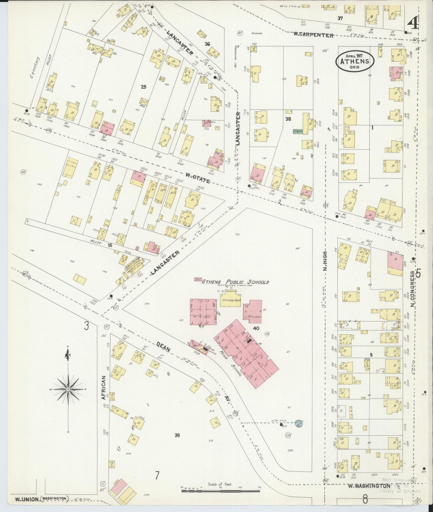 Sanborn Fire Insurance Map from Athens, Athens County, Ohio (1907), Sheet #0004 - Complete Map Set gallery image, historic Sanborn map, vintage wall art, Ohio Ohio
