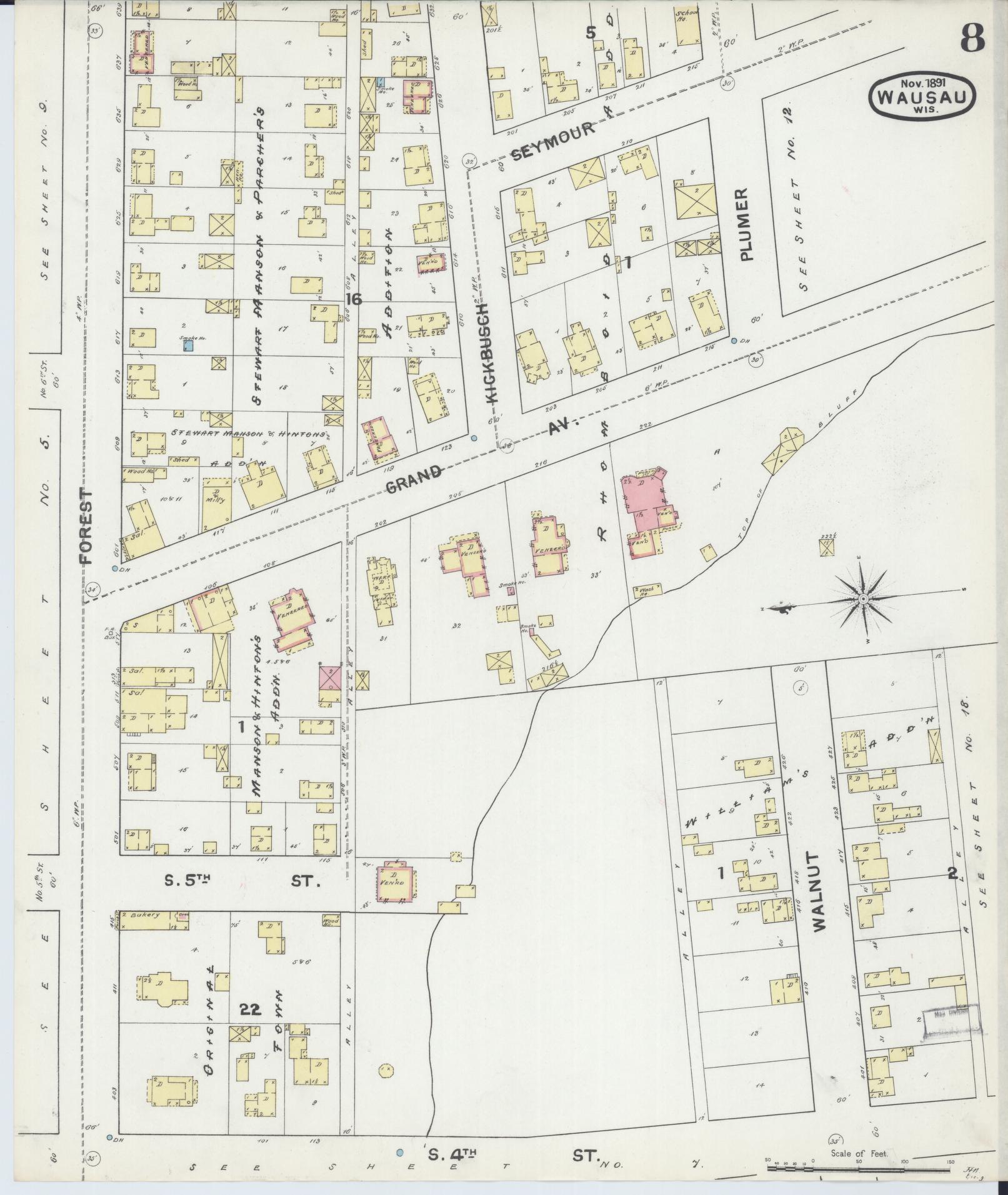Sanborn Fire Insurance Map from Wausau, Marathon County, Wisconsin (1891), Sheet #0008 - Complete Map Set gallery image, historic Sanborn map, vintage wall art, Wisconsin Wisconsin