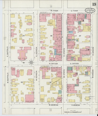 Sanborn Fire Insurance Map from Ithaca, Tompkins County, New York (1893), Sheet #0013 - Historic Sanborn Fire Insurance Map Print, vintage old map wall art, antique decor, genealogy gift, New York New York map