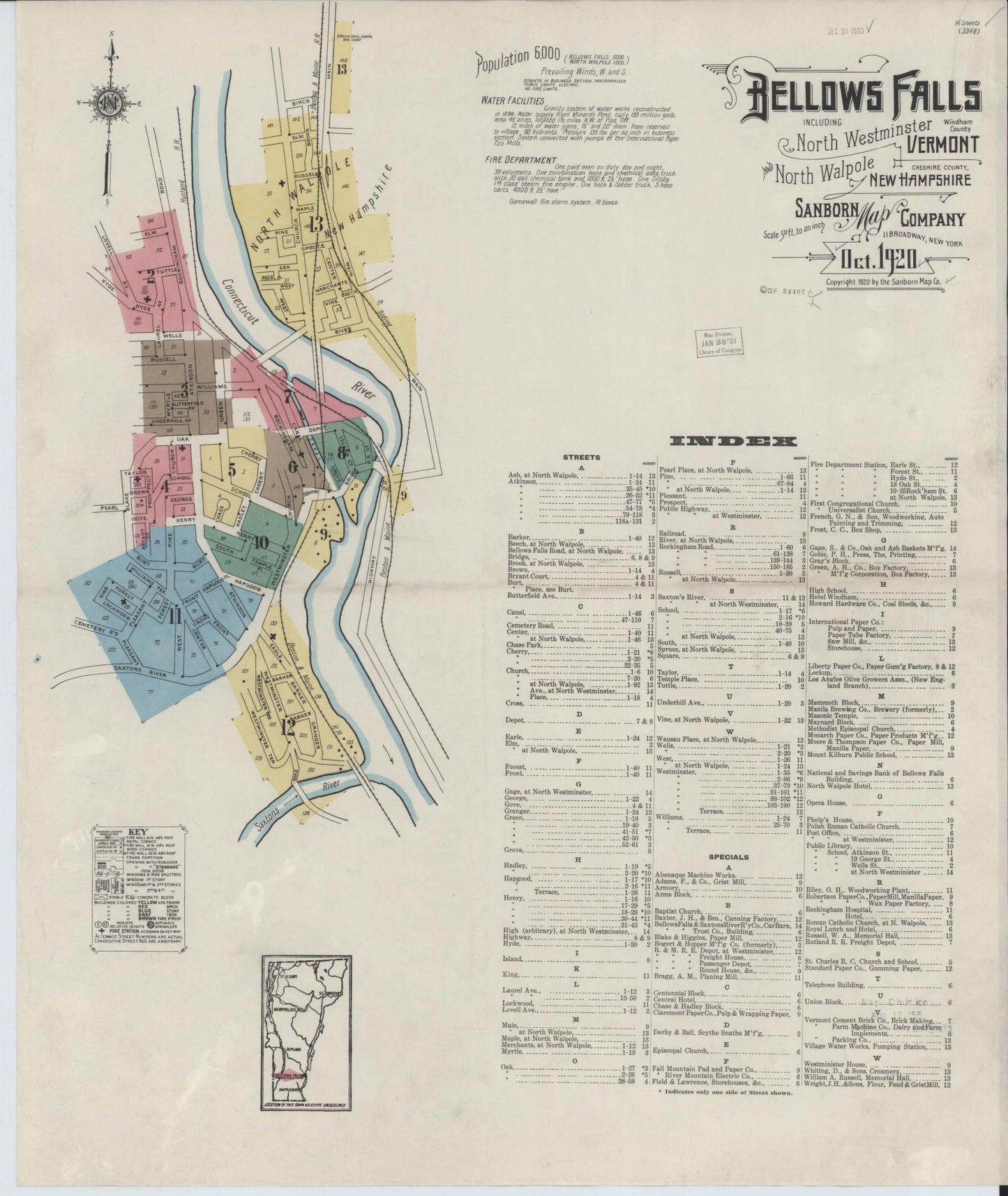 Sanborn Fire Insurance Map from Bellows Falls, Windham County, Vermont. (1920) – Historic Sanborn Fire Insurance Map Print