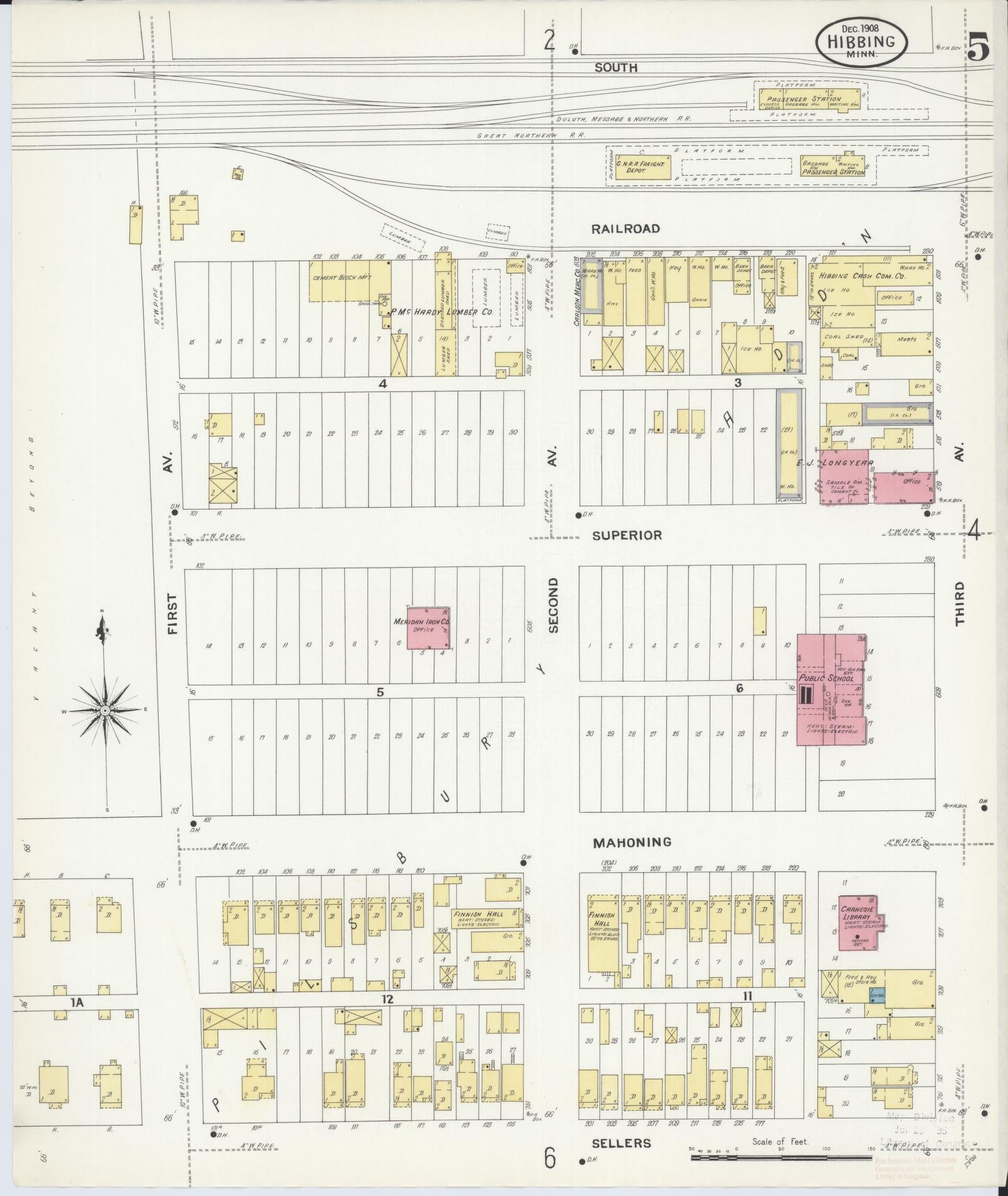 Sanborn Fire Insurance Map from Hibbing, Saint Louis County, Minnesota (1908), Sheet #0005 - Historic Sanborn Fire Insurance Map Print, vintage old map wall art, antique decor, genealogy gift, Minnesota Minnesota map