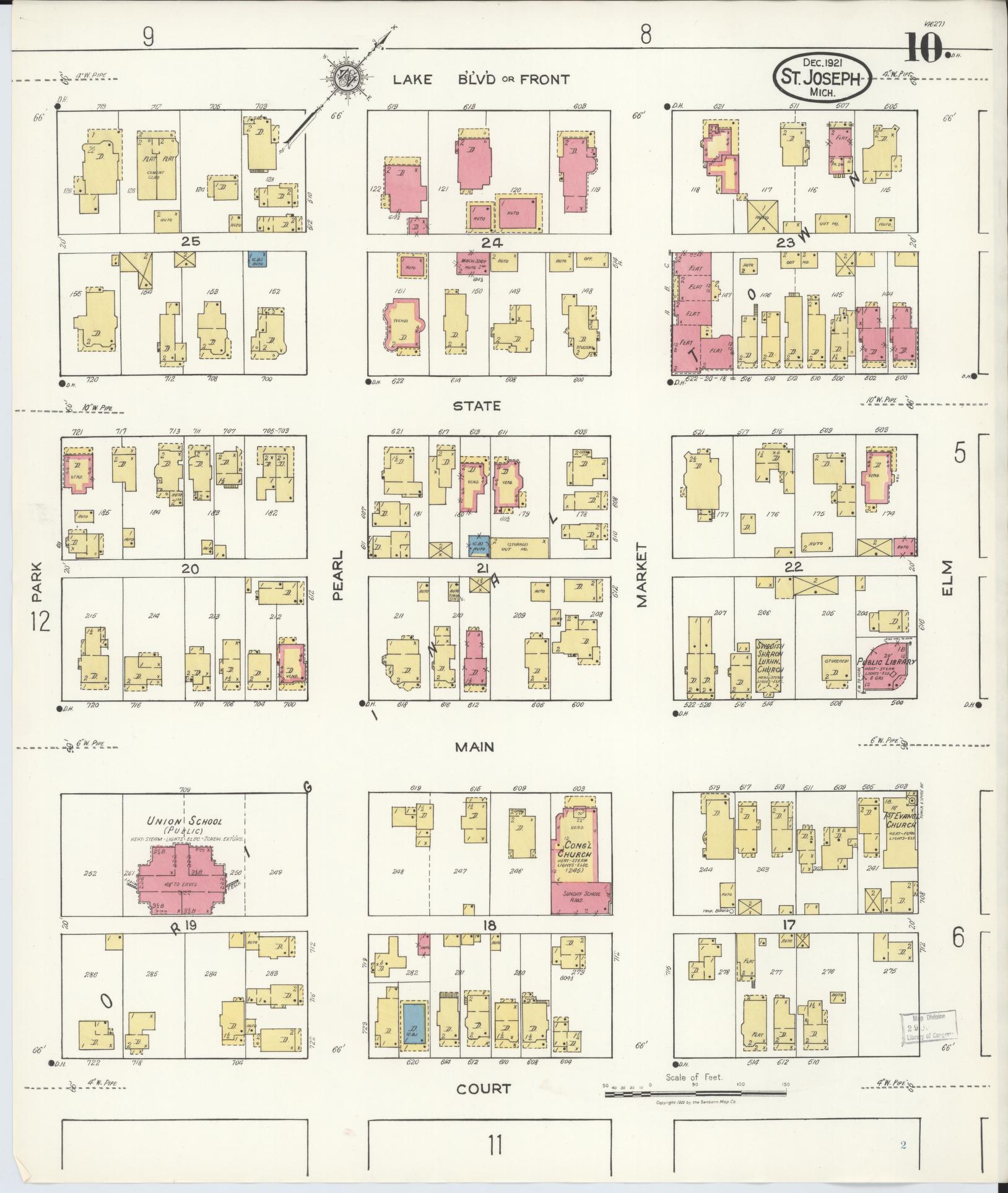 Sanborn Fire Insurance Map from Saint Joseph, Berrien County, Michigan (1921), Sheet #0010 - Historic Sanborn Fire Insurance Map Print, vintage old map wall art, antique decor, genealogy gift, Michigan Michigan map